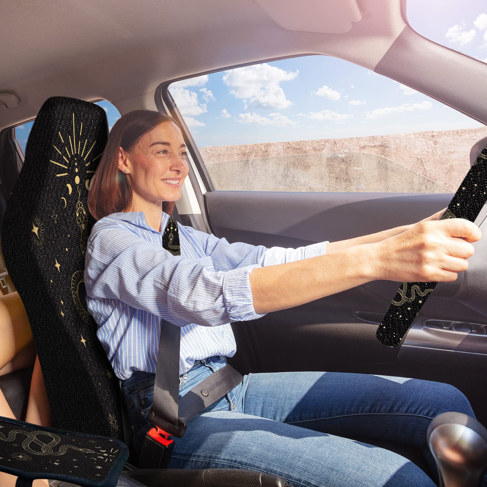 10 Pcs Moon Star Car Seat Covers Full Set Car Accessories for Women Front Seat Cover Steering Wheel Armrest Cover Seat Belt Cove