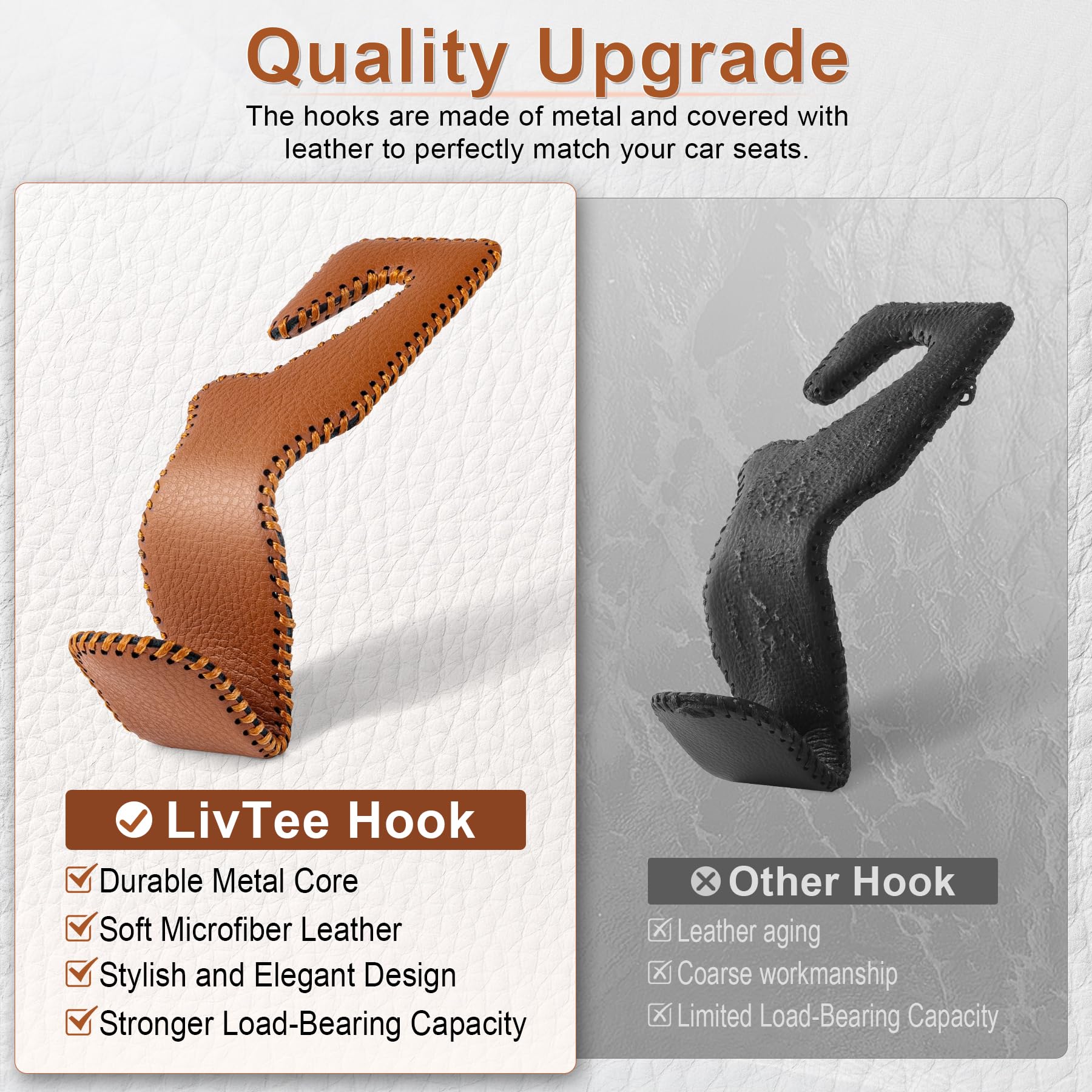 Livtee Brown Superior Leather Car Seat Back Headrest Hook, Auto Seat Hook Hangers Interior Accessories For Purse Coats Umbrellas