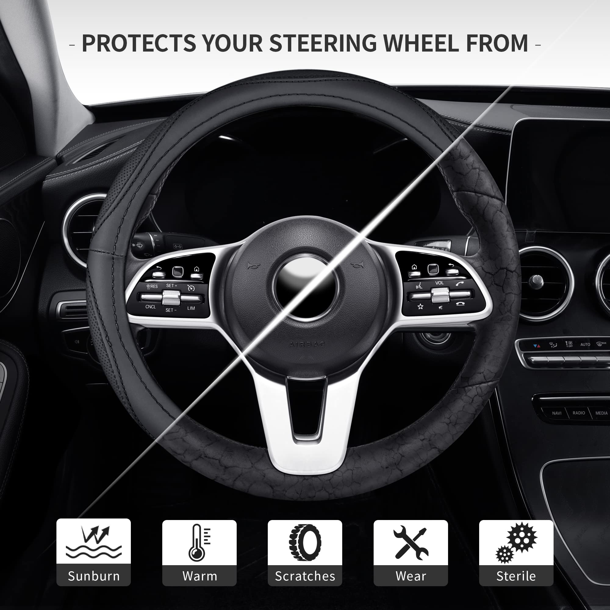 Microfiber Leather 15' Universal Fit Car Steering Wheel Cover, Elastic Nonslip Breathable And Odorless, Black & Silver