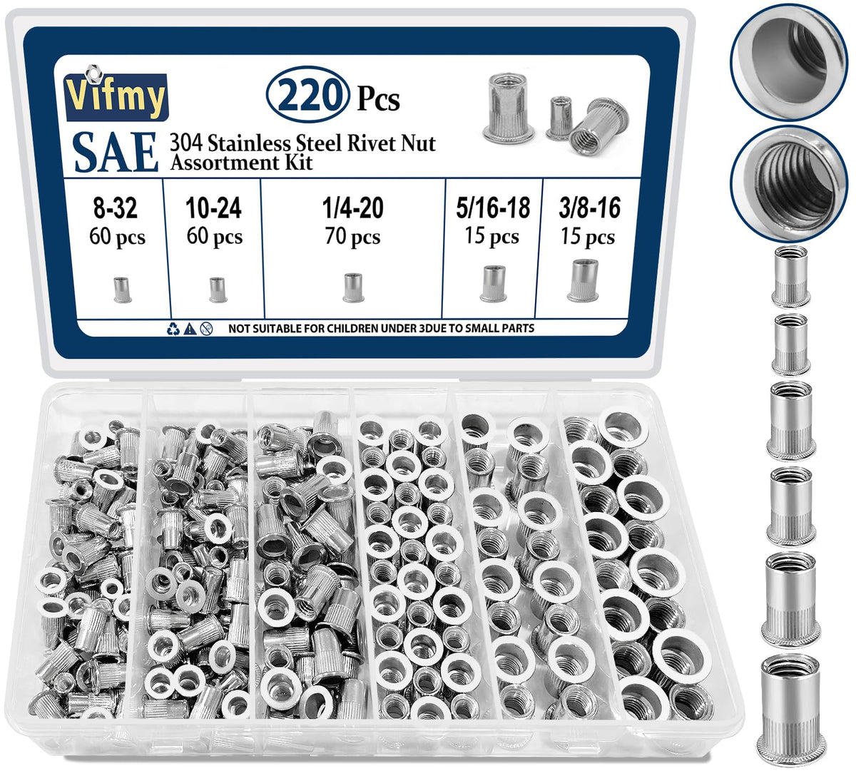 Vifmy Sae Rivet Nut Assortment Kit(220 Pcs),#8-32#10-24 1/4'-20 5/16'-18 3/8'-16 304 Stainless Steel Flat Head Rivnut Set,Rivnut Threaded Insert Nut