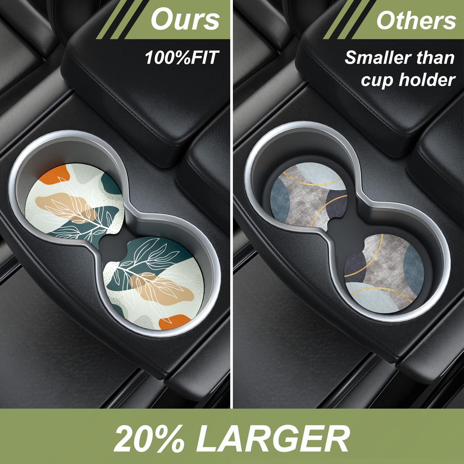 Nipichsha Car Cup Holder Coasters, Car Coasters For Cup Holders, 2 Pack Anti Slip Insert Coasters, Rubber Car Cup Mat With A Finger Notch, Cute Car Interior Accessories For Women (Abstract Boho Leaf)