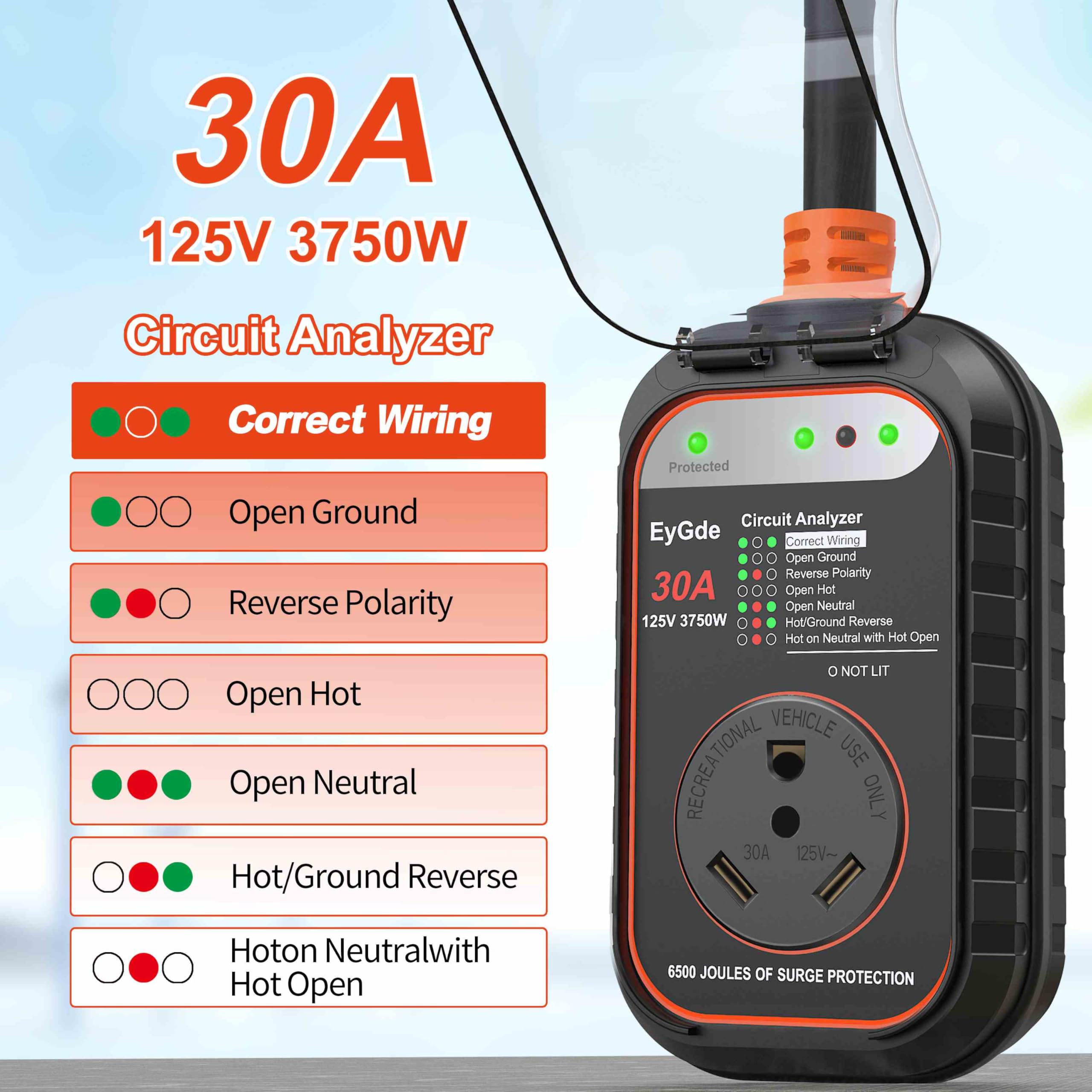 Eygde Rv Surge Protector 30 Amp, Rv Circuit Analyzer With Waterproof Cover, Rv Accessories Power Voltage Protection Guard For Ca