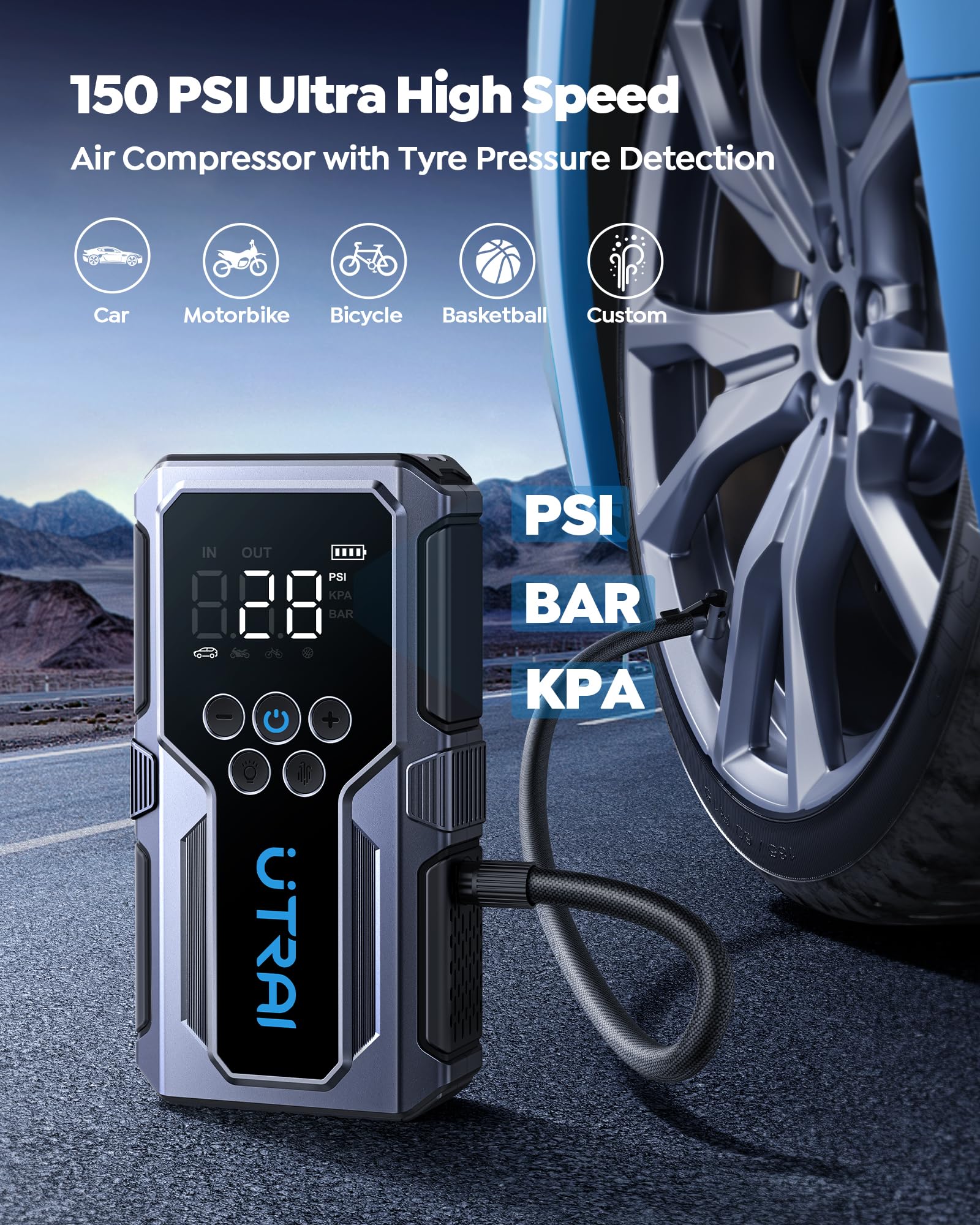 Portable Car Jump Starter with Air Compressor, UTRAI 4000A 150PSI Car Battery Jump Starter 12V Jump Start Battery Pack Jump Box