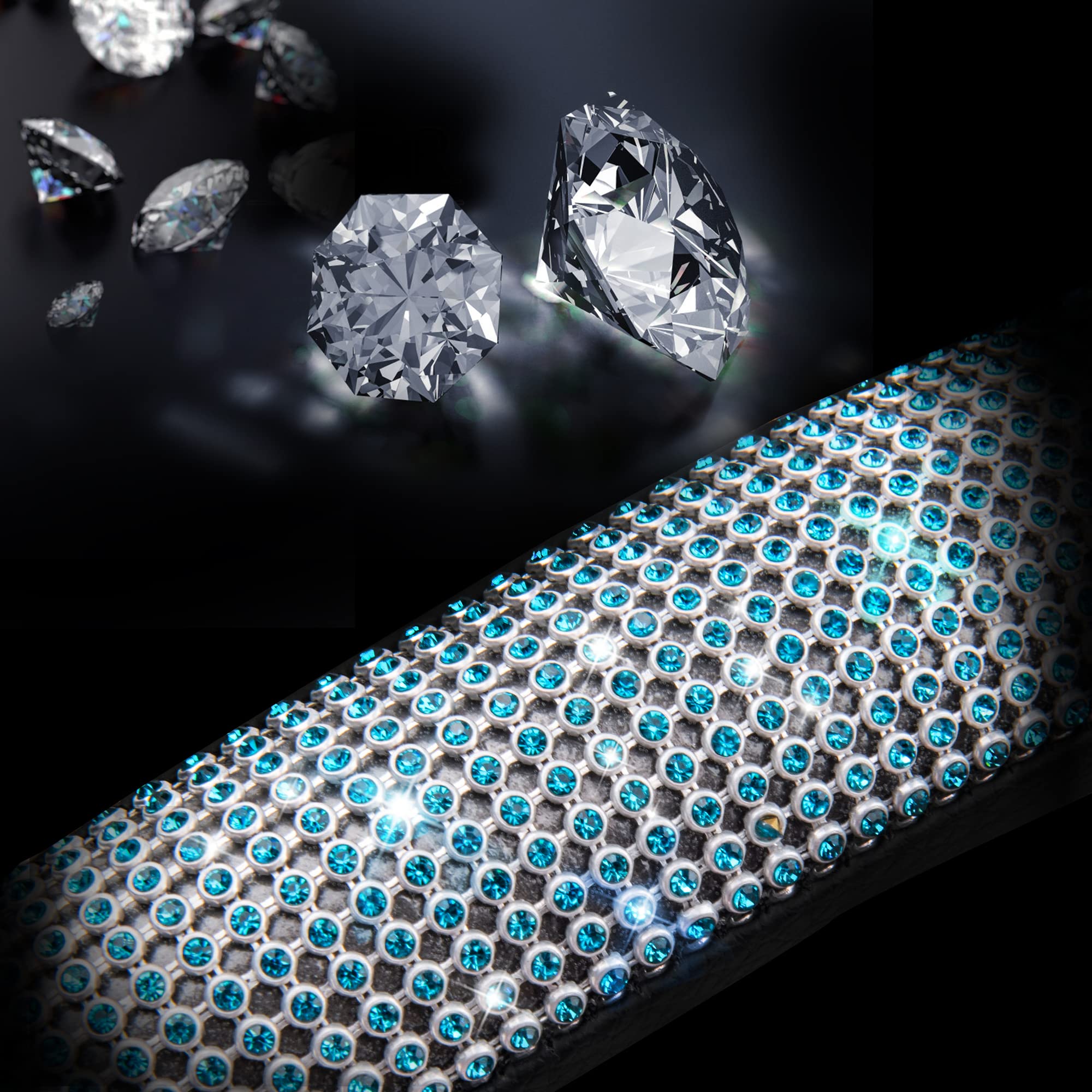 Car Pass Mint Diamond Black Leather Steering Wheel Cover, Bling Blue Crystal Rhinestones Universal Fit 14''1/2-15'' Crystal Glit