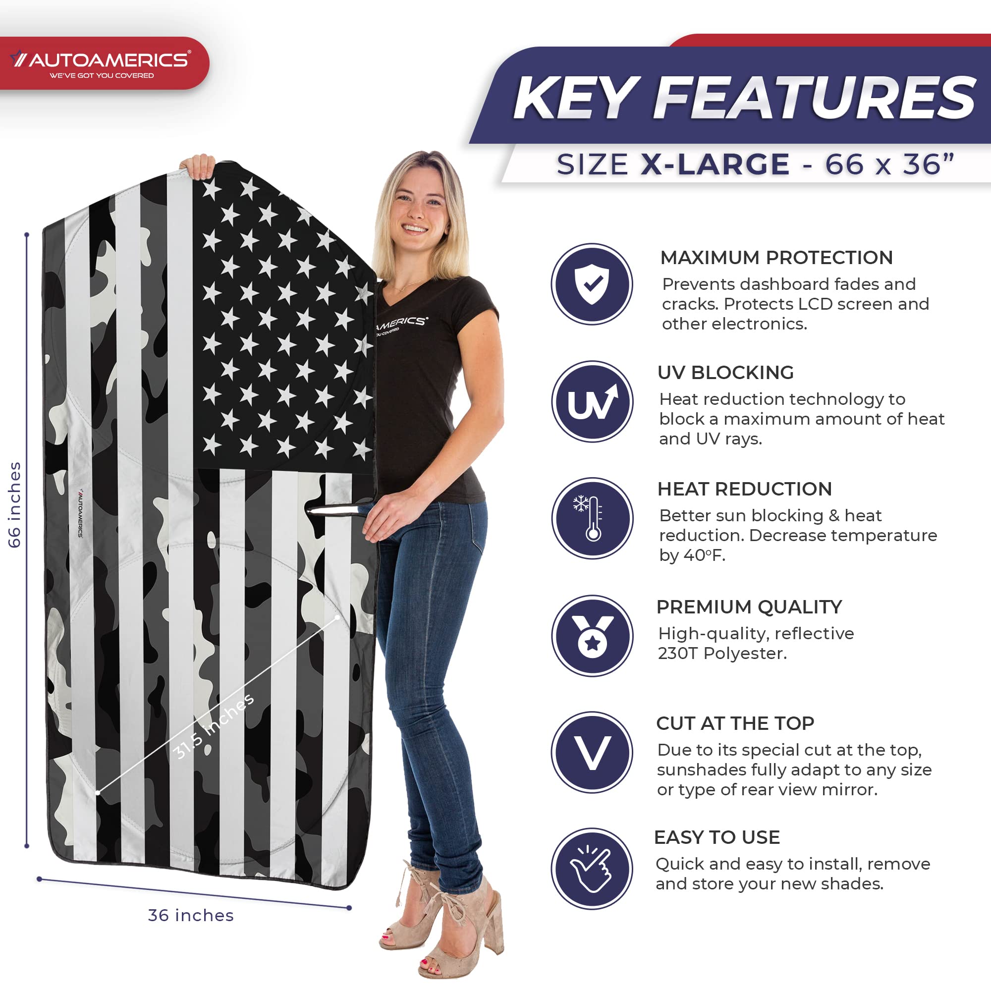 Autoamerics Truck Windshield Sun Shade With Storage Pouch & Anti-Slip Dash Pad - Foldable B&W Camo Usa Flag Design - Fits Most S