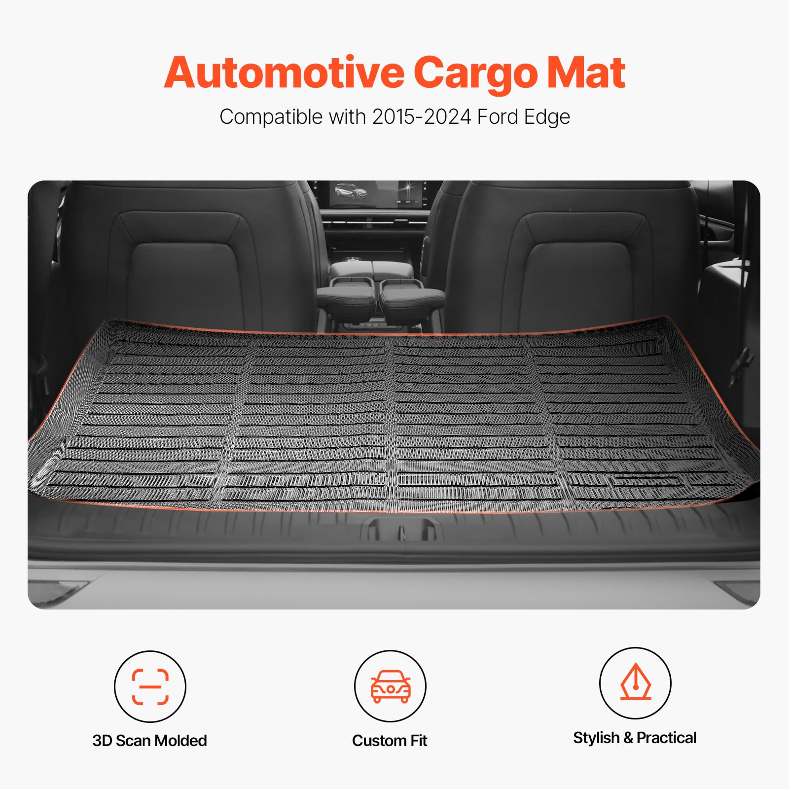 VEVOR Black TPE Cargo Mat for Ford Edge 2015-2024 & Edge ST 2020-2024, Precise Fit Trunk Protector, 1PCS