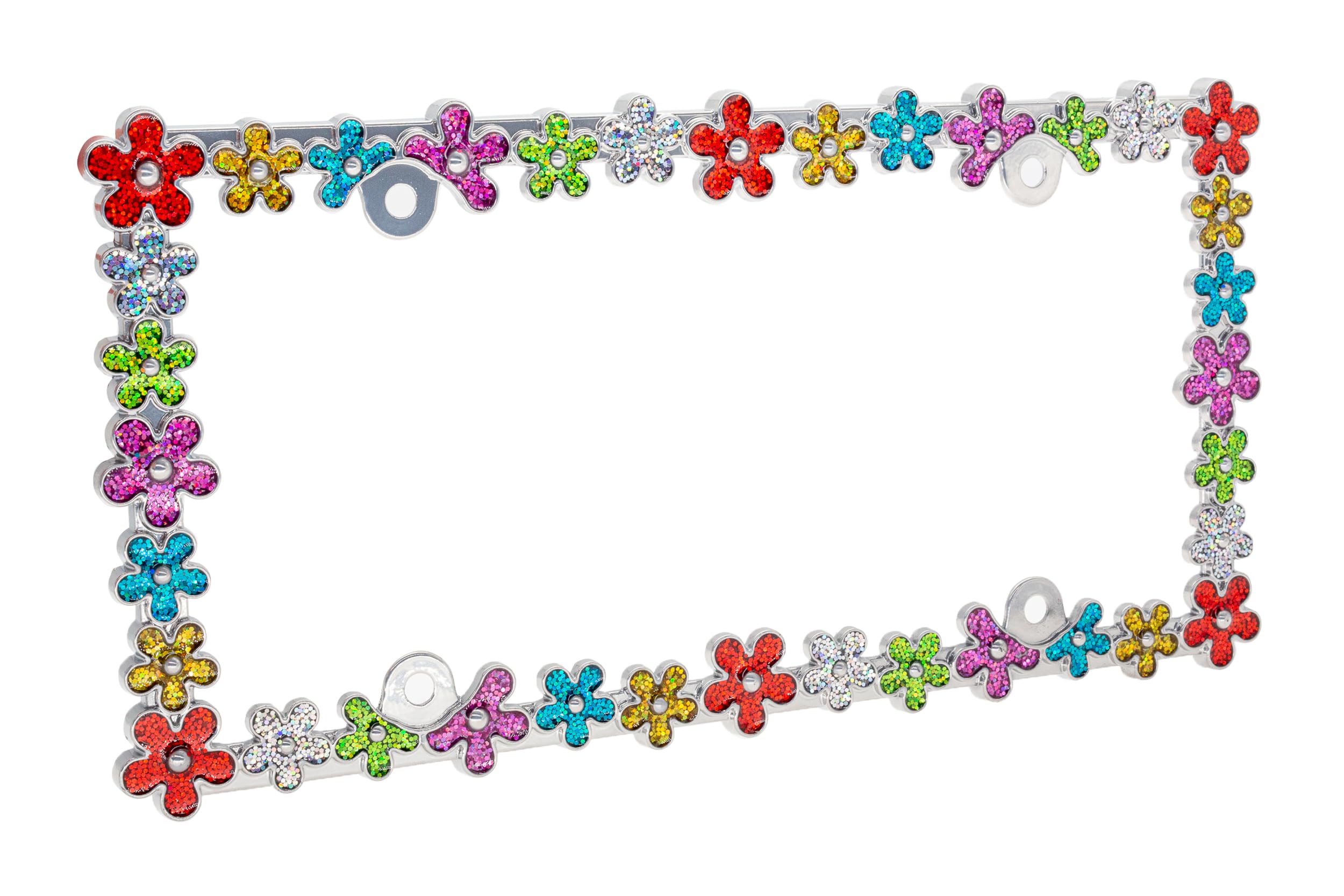 Creathome 3D Shining Daisy License Plate Frame - Chrome Zinc Alloy with Colorful Glitter, Perfect for Stylish Car Decor