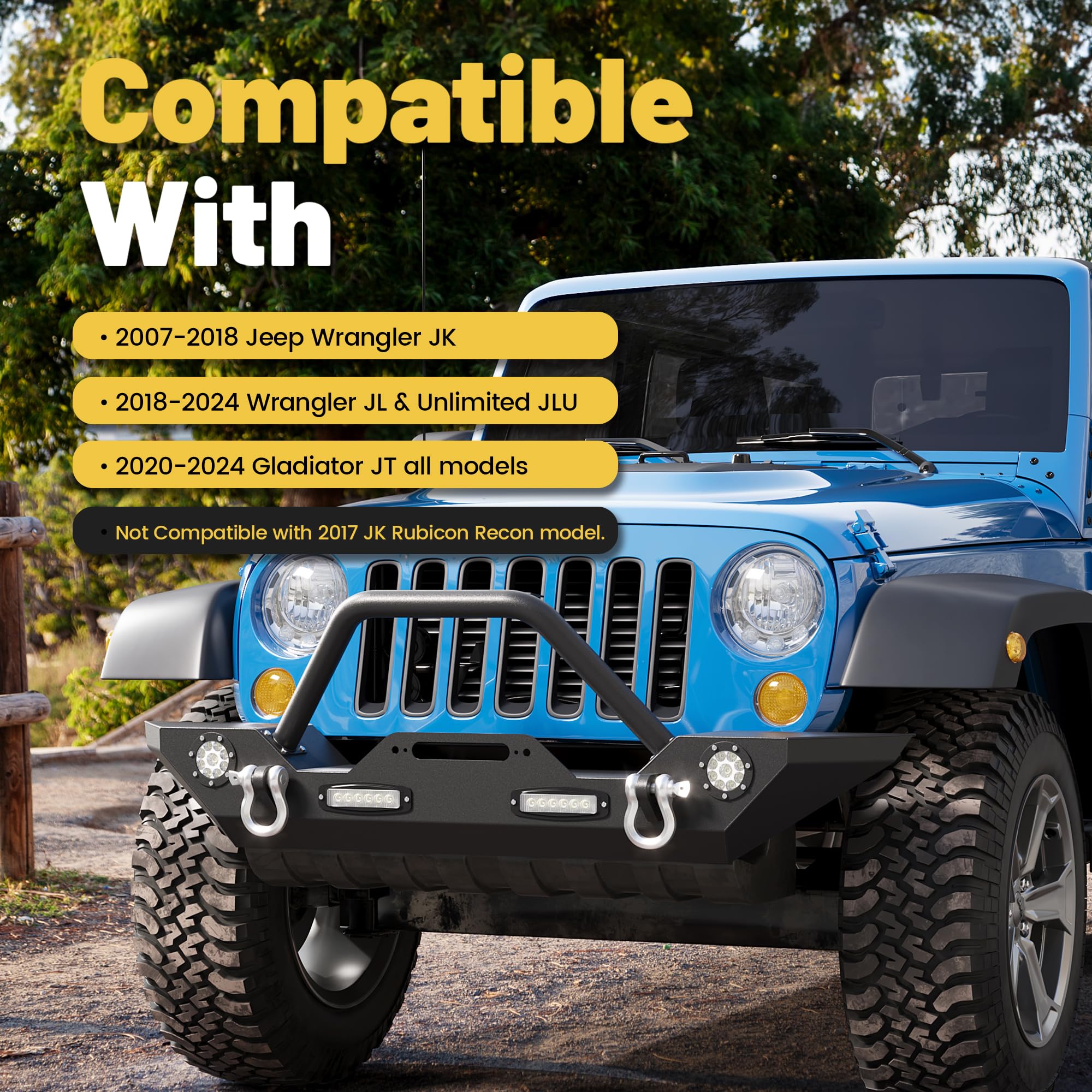?Ecotric Front Bumper Compatible With 2007-2025 Wrangler Unlimited Jl/Jlu & Gladiator Jt, 2007-2018 Jk Front Bumper Rock Crawler Winch Plate W/Winch Plate & 2 18W Led Lights D-Rings