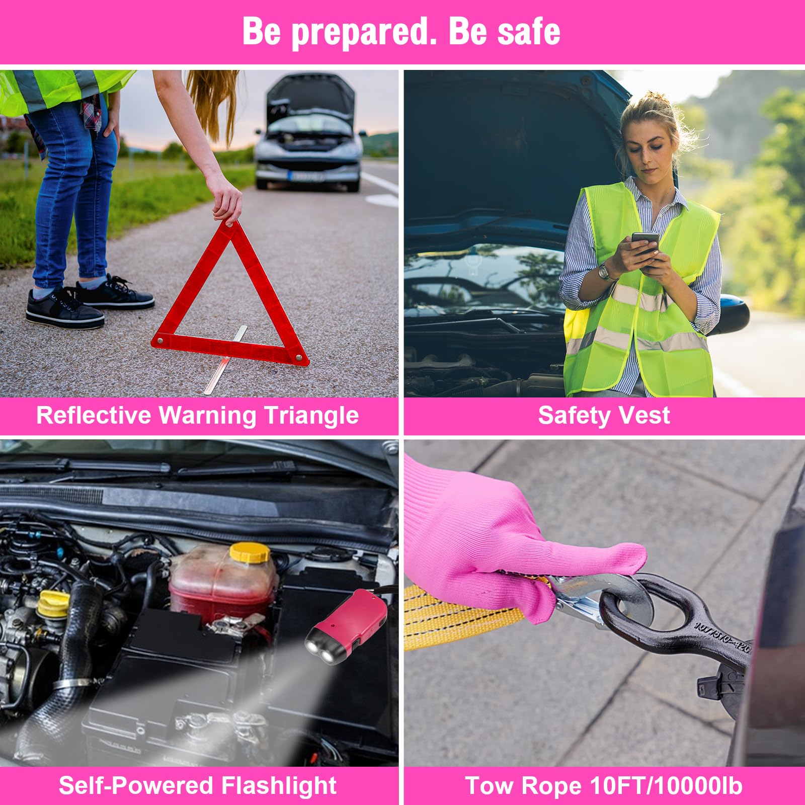 Vioview Roadside Emergency Car Safety Kit, With 4-In-1 Inflatable Car Vacuum Cleaner, Pink Jumper Cables, First Aid Kit, Tow Rop