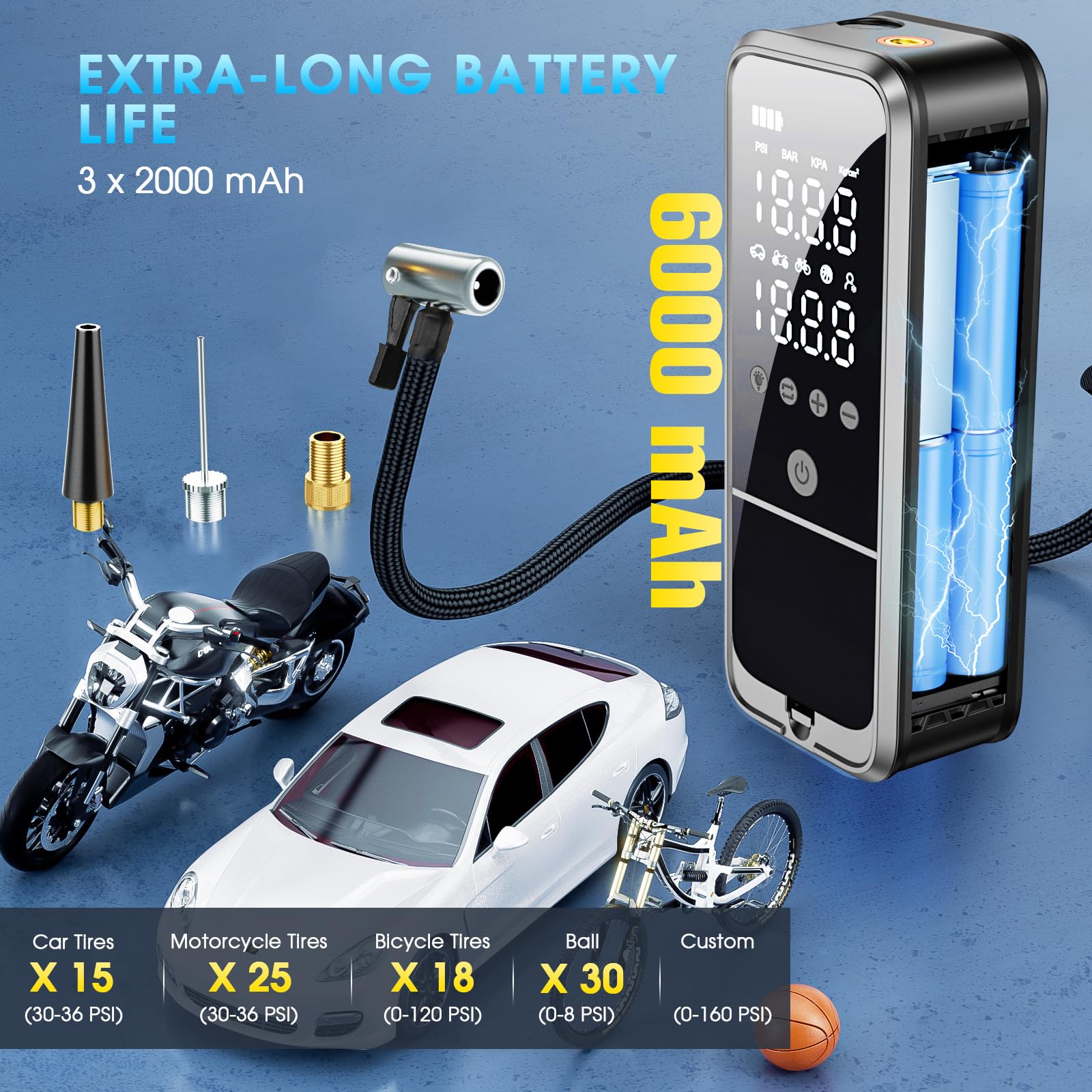 Kzkb Tire Inflator Portable Air Compressor, 160 Psi Air Pump For Car Tires With Digital Pressure Gauge, Electric Bike Pump With