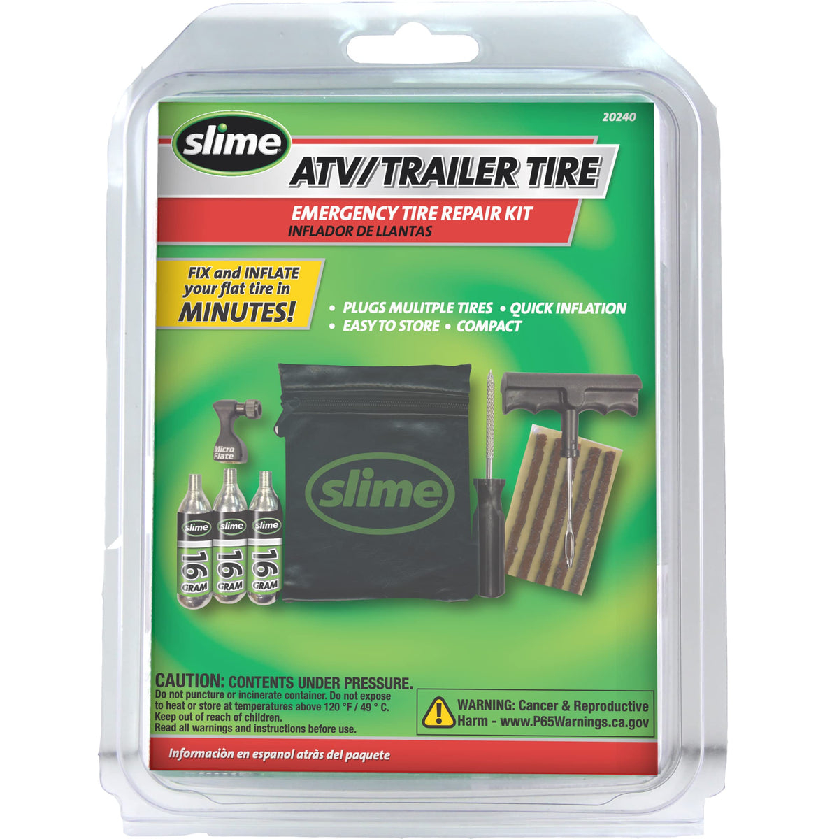 Slime 20240 Tire Repair And Inflation Kit, Tubeless Tires, Trailer & Atv Emergency Puncture Repair, Quick And Easy, Contains Min