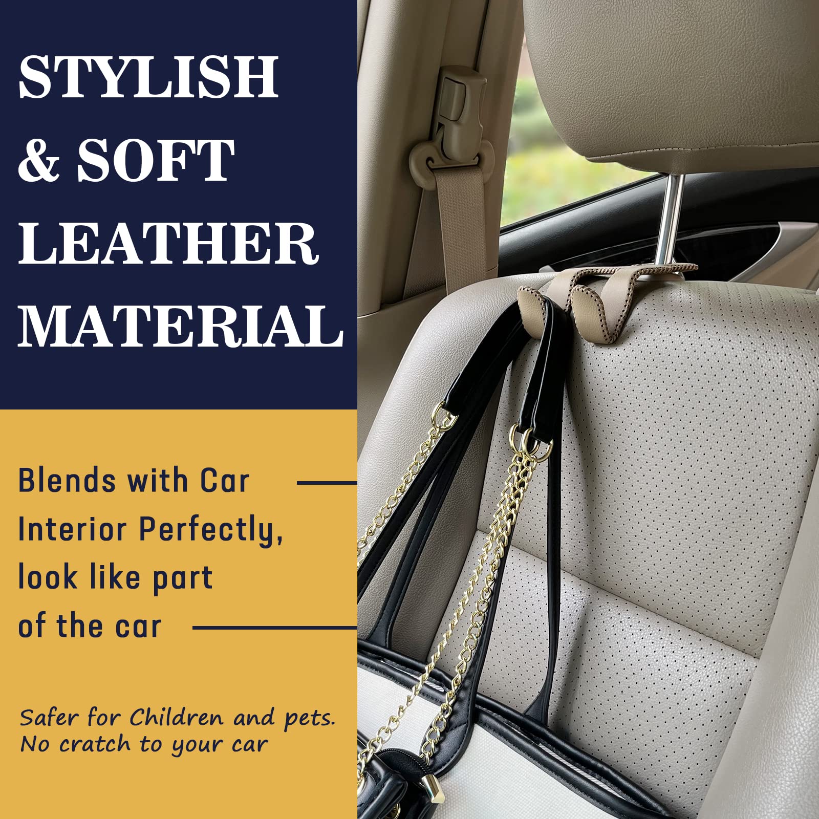 Tisohugo Upgraded Headrest Hooks For Car, 2 In 1 Back Seat Purse Holder Hook Genuine Leather Head Rest Hangers Vehicle Organizer