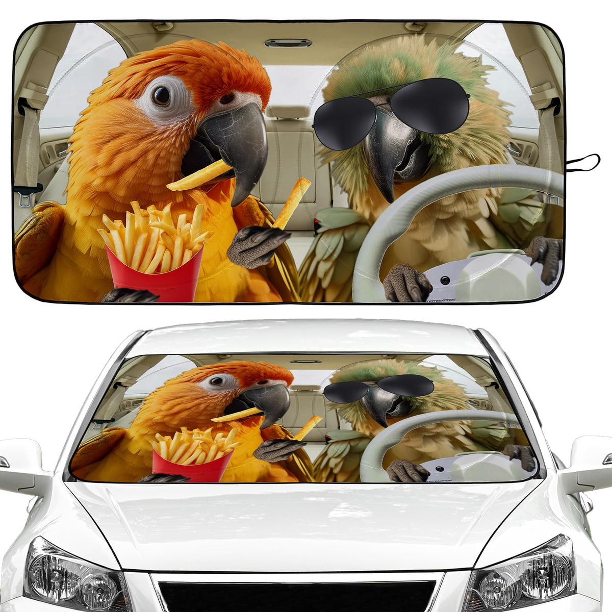 Funny Parrot Car Windshield Sun Shade Foldable Sunshade Front Window Cover Sun Visor Protector Accessories for Truck SUV (59x27.