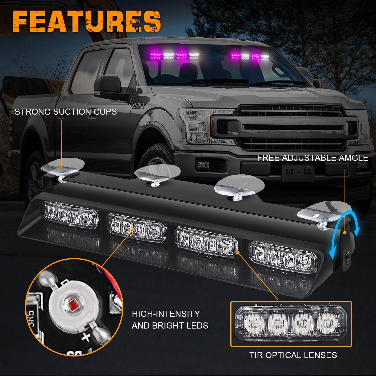 Xridonsen Purple White Emergency Dash Strobe Lights Safety Flashing Warning Hazard Interior Front/Rear Windshield Light Bar Deck