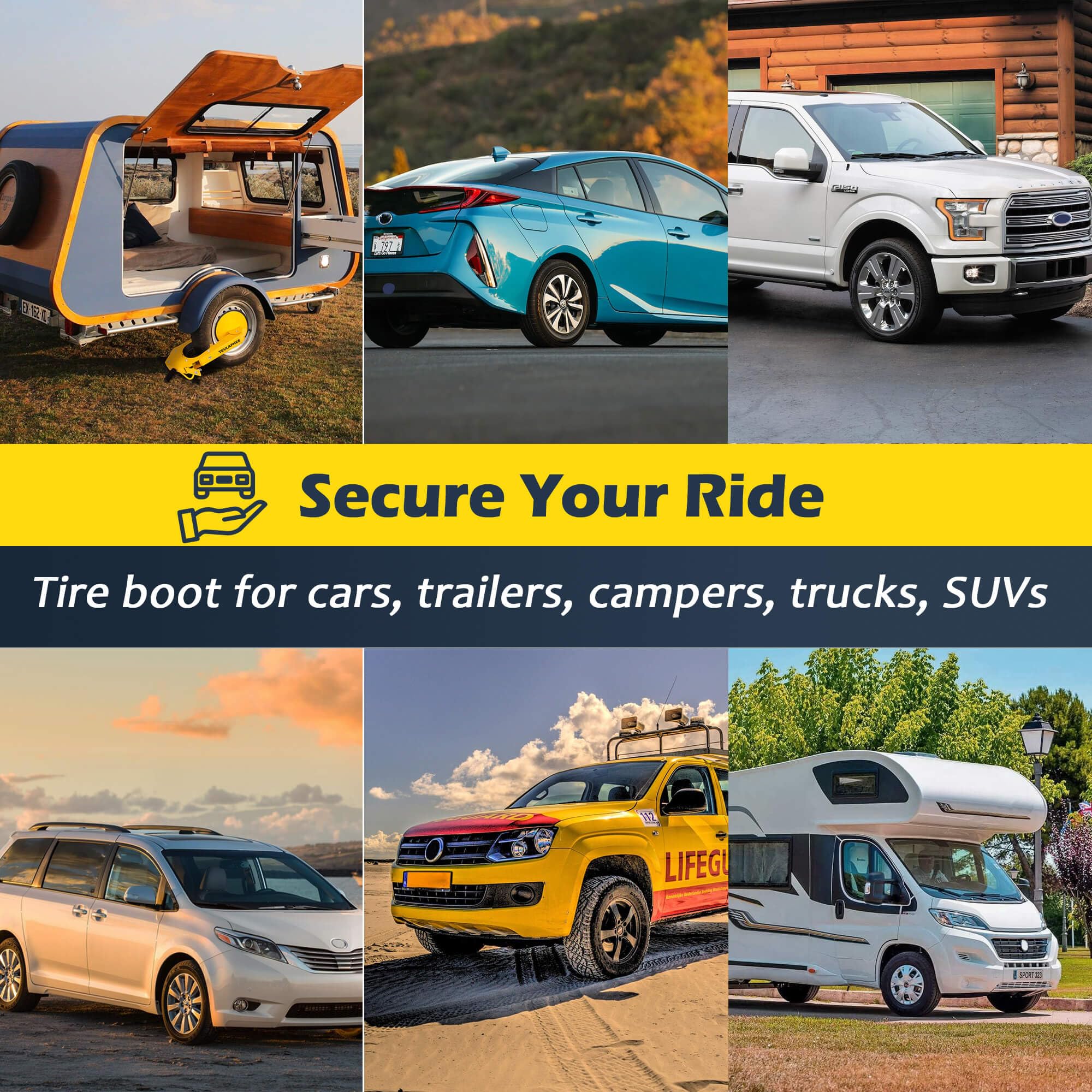 Tevlaphee Wheel Lock - Car Boot Anti-Theft Trailers Wheel Clamp Lock Parking Boot For Cars, Trucks, Suvs, Campers - Upgraded Dual Lock Adjustable Lug Nuts Cover