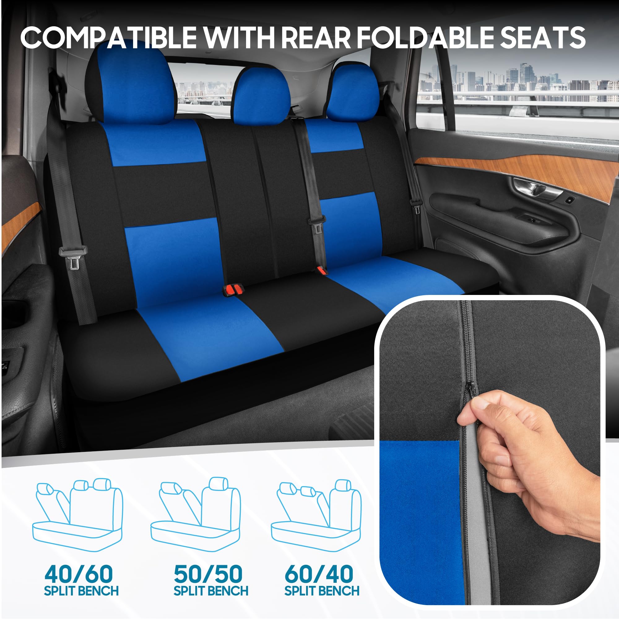 Bdk Polypro Car Seat Covers Full Set In Blue On Black, Front And Rear Split Bench Seat Covers For Cars, Easy To Install Car Seat Cover Set, Car Accessories For Auto Trucks Van Suv - Blue
