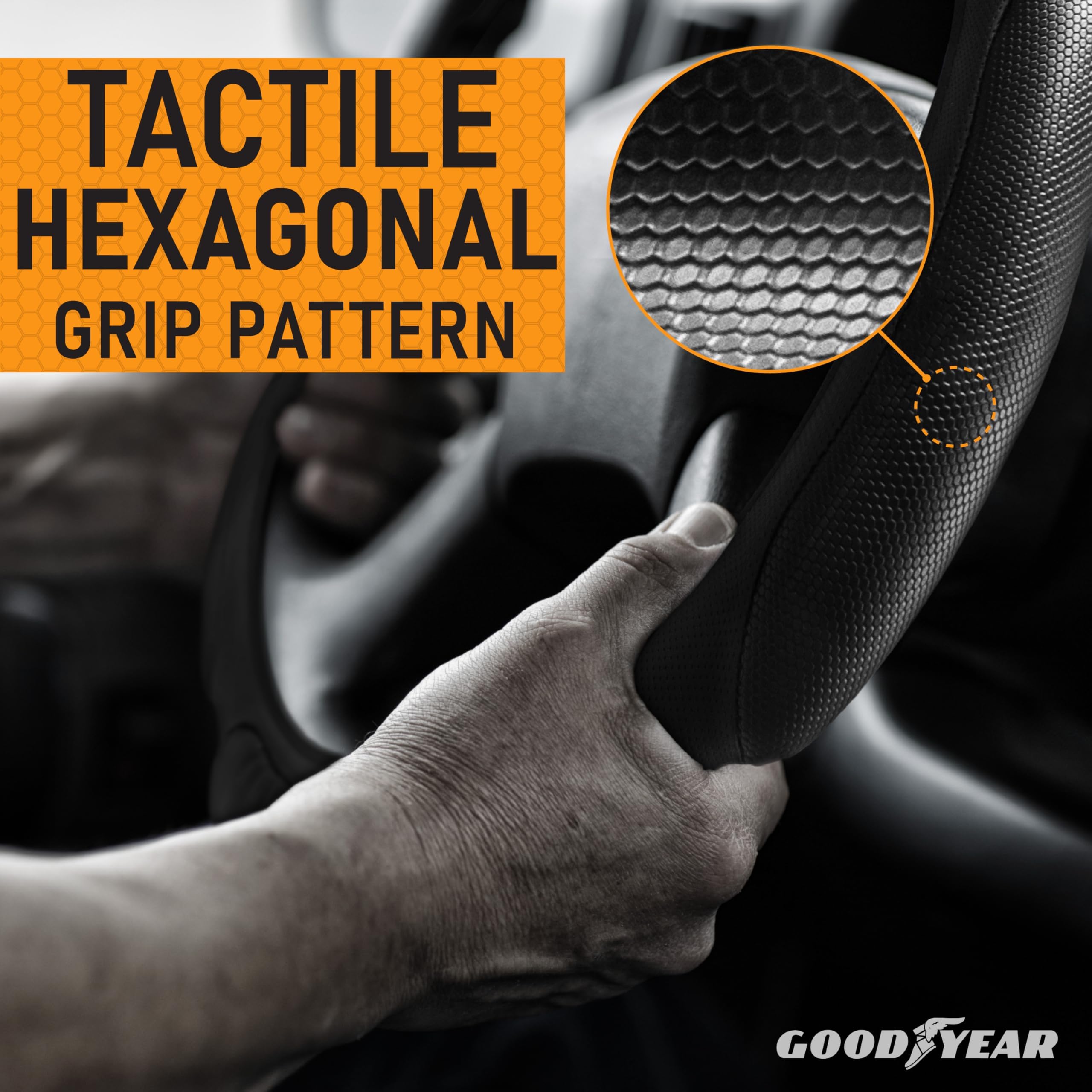 Goodyear 18 Black Vegan Leather Steering Wheel Cover - Non-Slip, Comfortable, Heavy-Duty Protection for Trucks and Buses