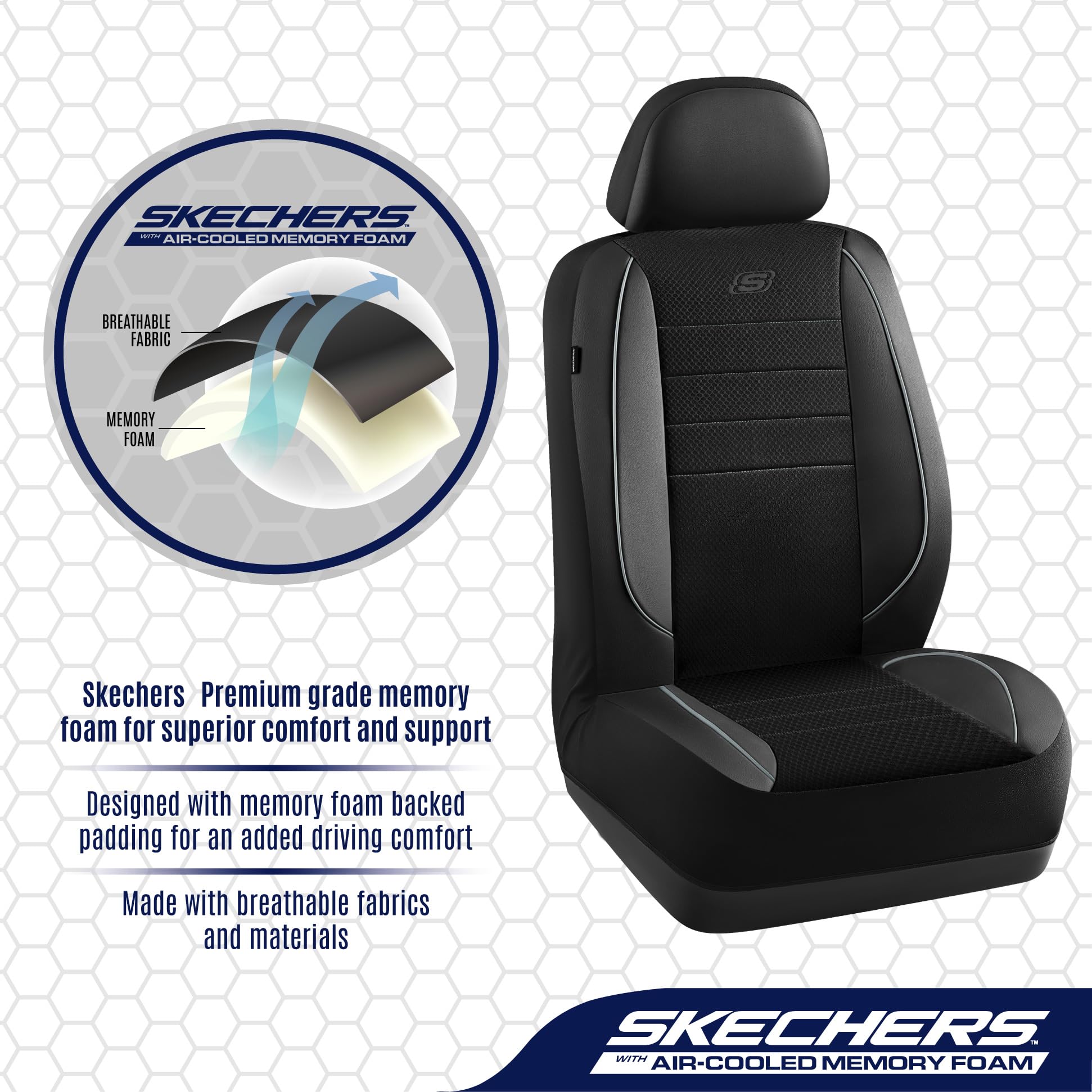 Skechers Memory Foam Seat Covers,Air Cool Mesh Thick Car Seat Covers,Piping Leather Car Seat Protector,Airbag Compatible,Automot