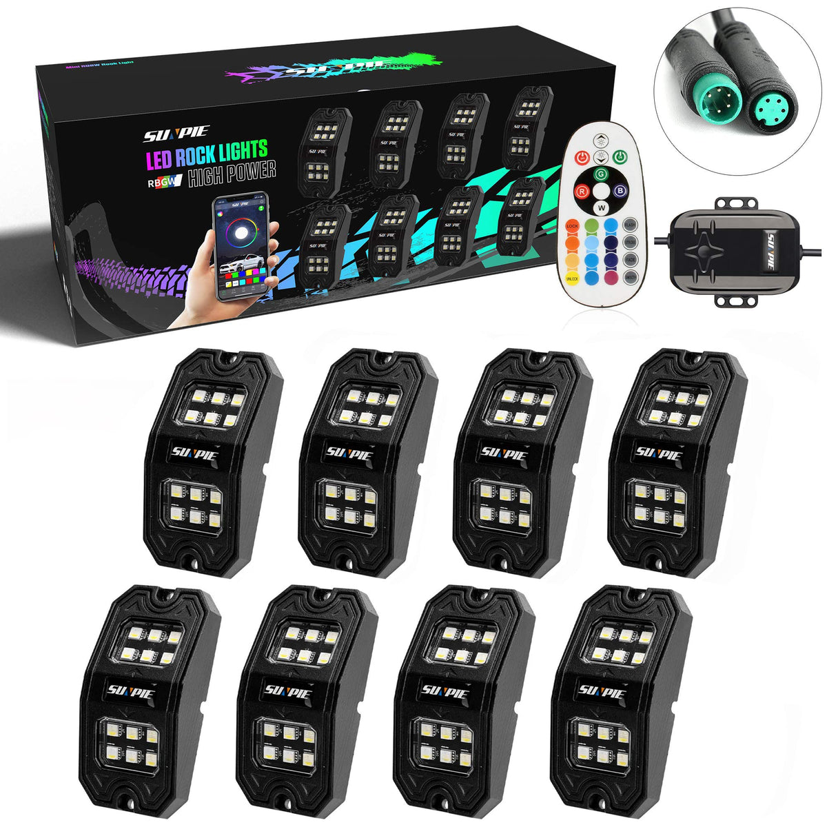 Sunpie 8 Pods 210 Degrees Wide Angle Rgbw Rock Lights Phone App Voice Mode Music Mode Automatic Control Neon Light Kit Wheel Wel
