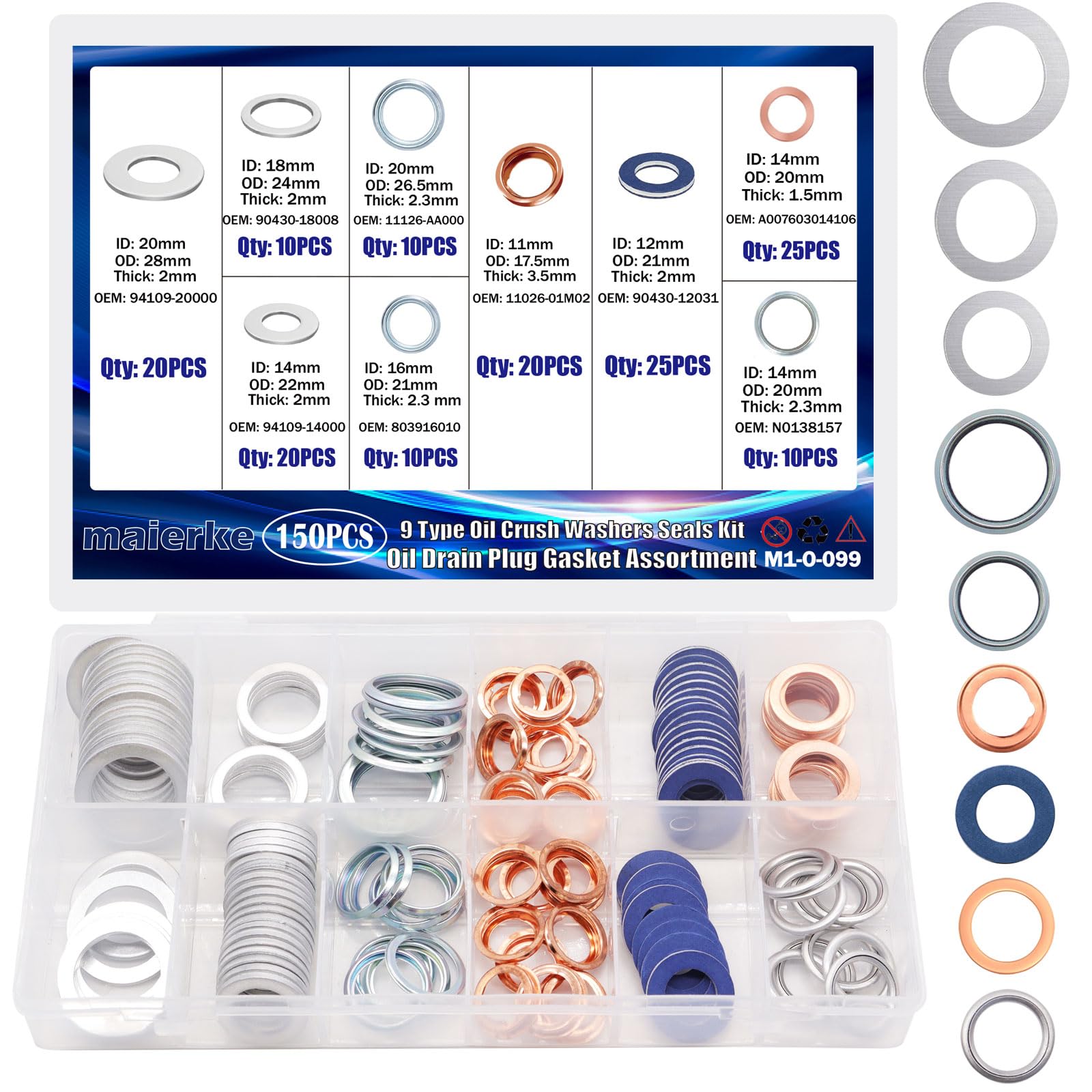 maierke 150PCS Crush Washer Oil Drain Plug,9 Sizes Oil Drain Plug Gasket Assortment,Automotive Engine Crush Washers (M11 M12 M14