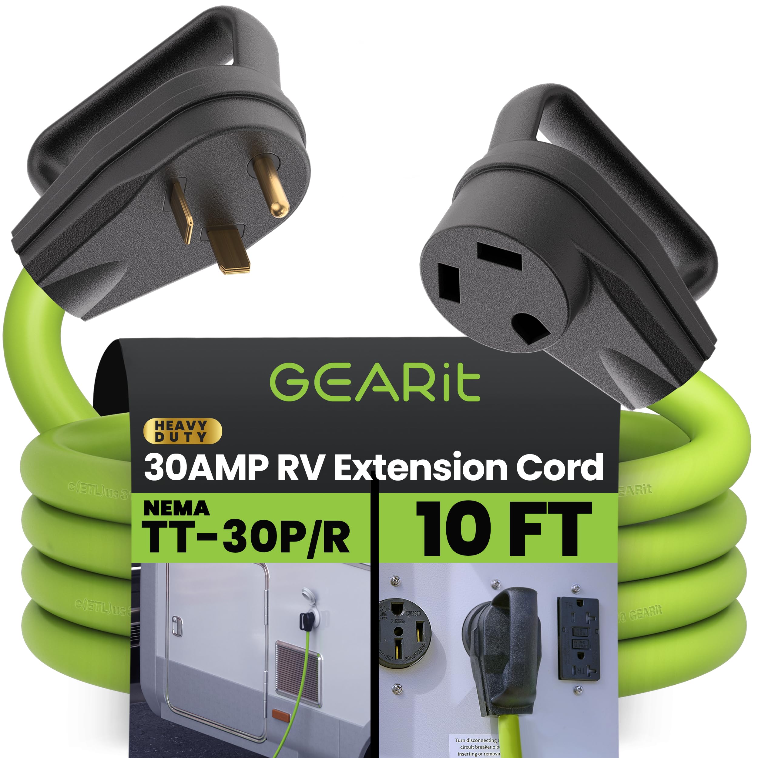 Gearit 30-Amp Extension Cord For Rv And Auto, (10-Feet) 3-Prong 125-Volt 10/3 Stw 10Awg Gauge 3 Wire, Nema Tt-30P To Tt-30R, Out