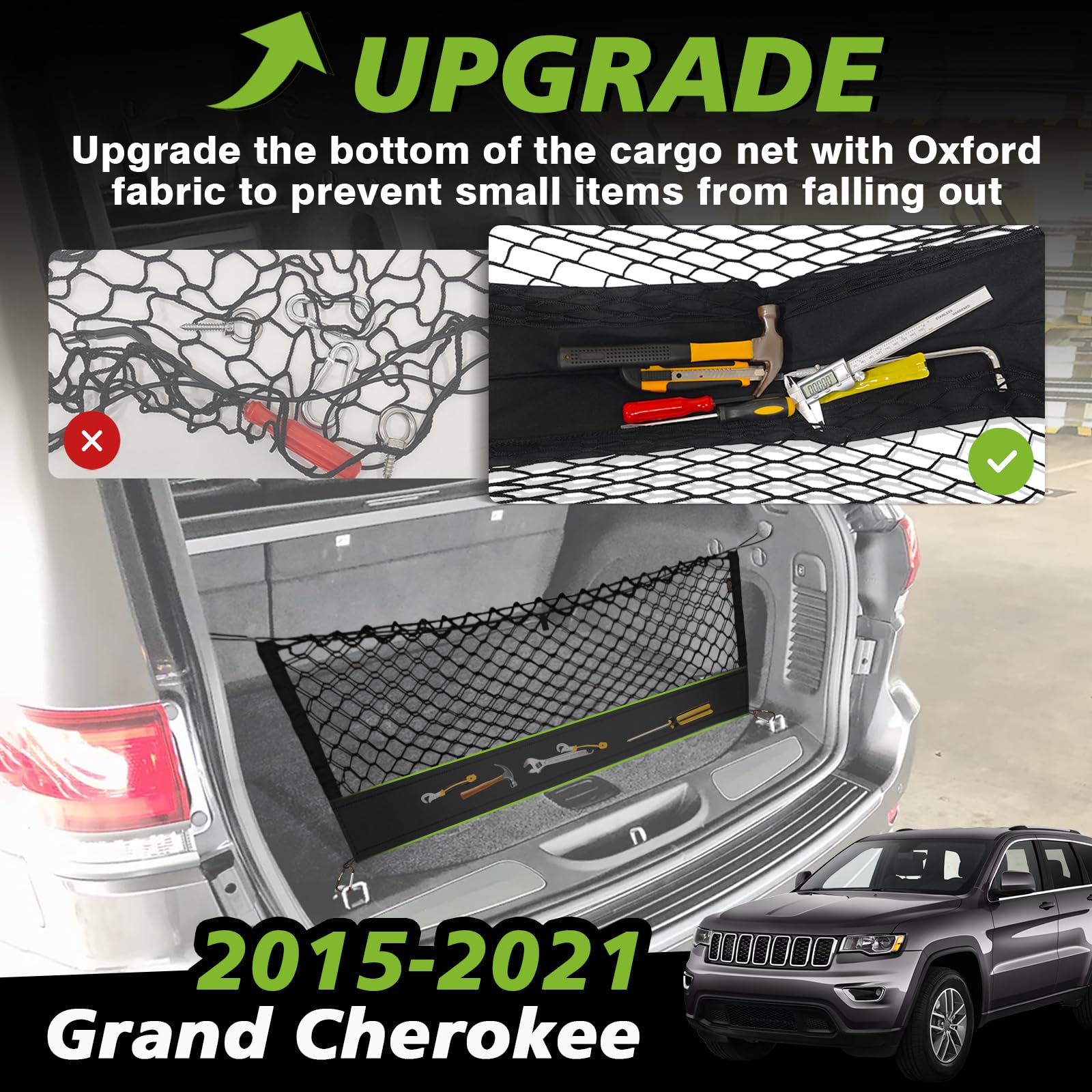 Muslogy Envelope Style Trunk Cargo Net Compatible With 2015-2021 Jeep Grand Cherokee Accessories Custom Fit Trunk Organizer Upgr