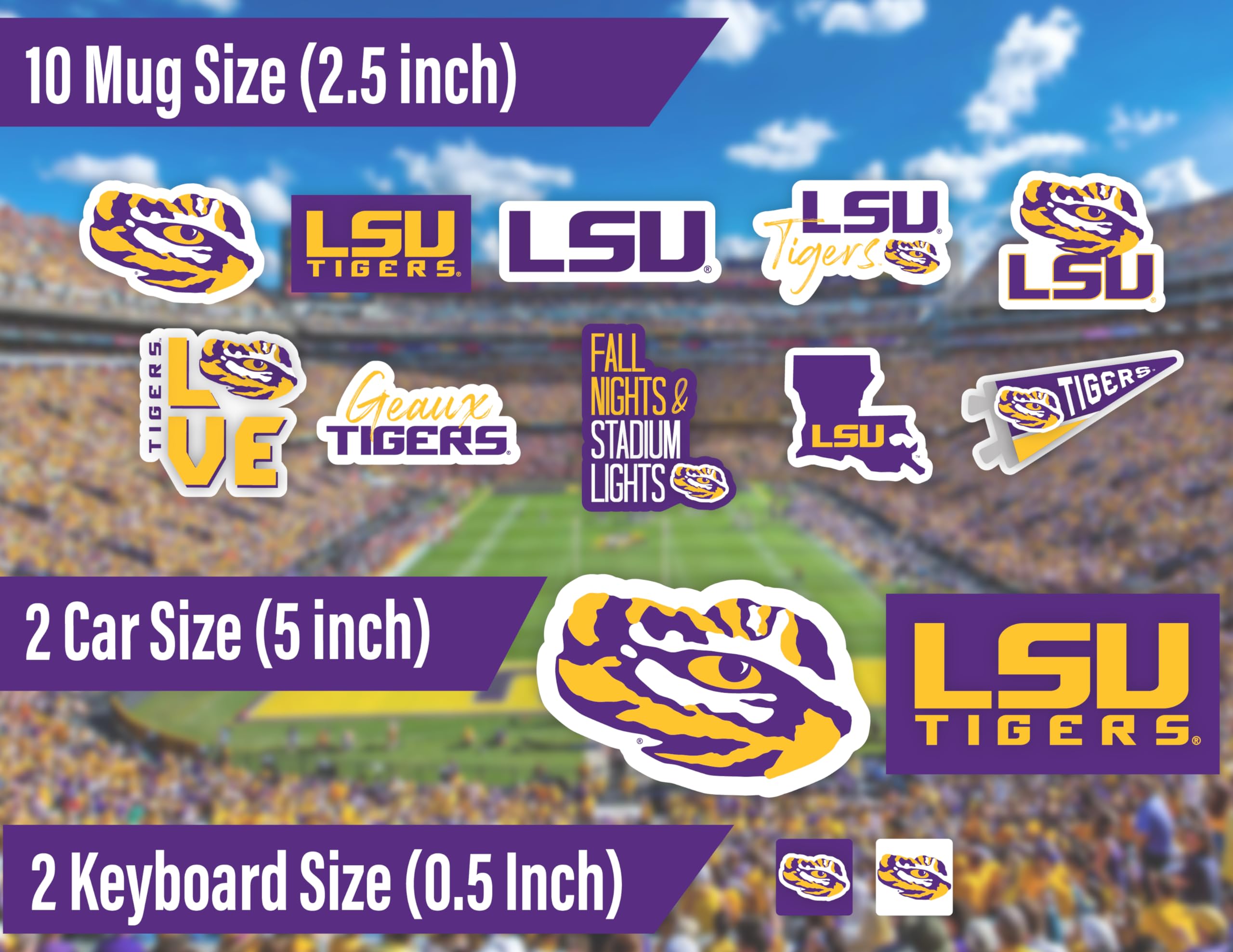 Lsu Tigers Stickers (14 Stickers) 2 Large 5'' For Car Windows 10 Medium 2.5'' For Water Bottles Laptops Phones And 2 Mini Keyboa