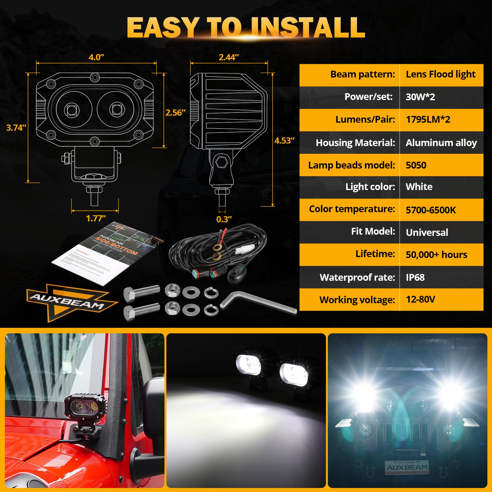 Auxbeam 4'' Cube Led Pods, Super Bright 60W Offroad Pod Lights Auxiliary Driving Light Flood Light Pods Motorcycle Driving Light