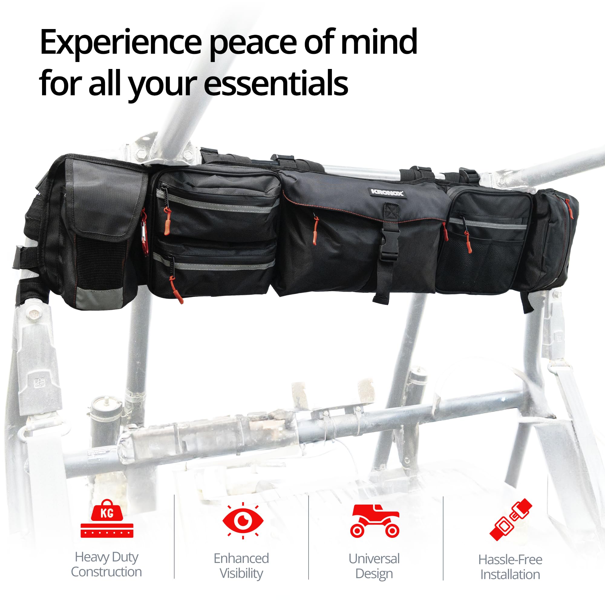 KRONOX UTV & Jeep Roll Cage Organizer Tool Bag - Heavy-Duty Off-Road Gear Rolling Bag for Rear/Side By Side Accessories - 8 Mult