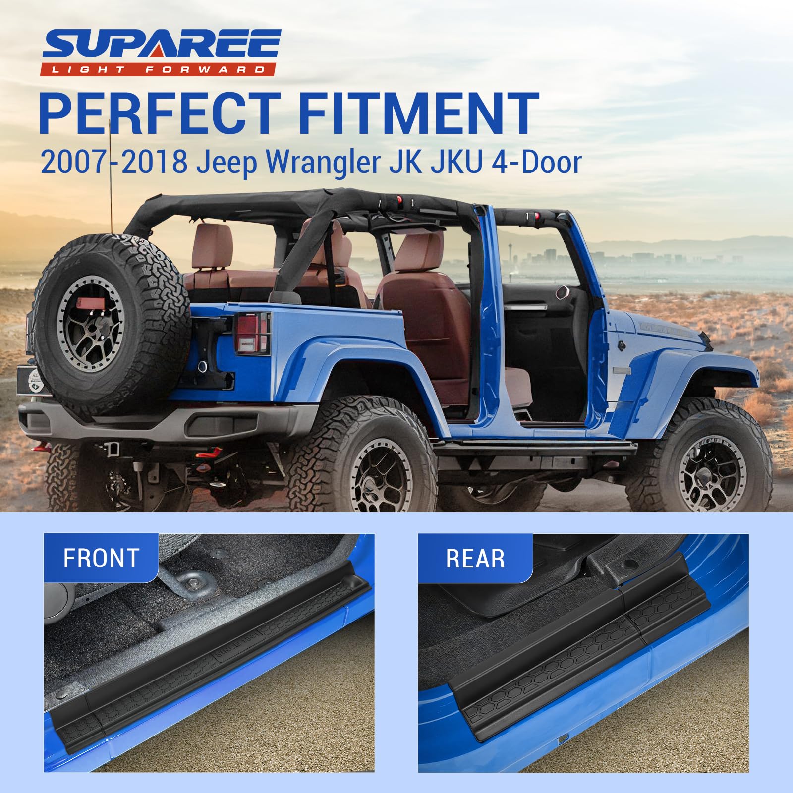 SUPAREE Door Sill Guards with Logo 1941 fits Jeep Wrangler JKU 4-Door 2007-2018, Black Rubber All Terrain Door Entry Guards Thre