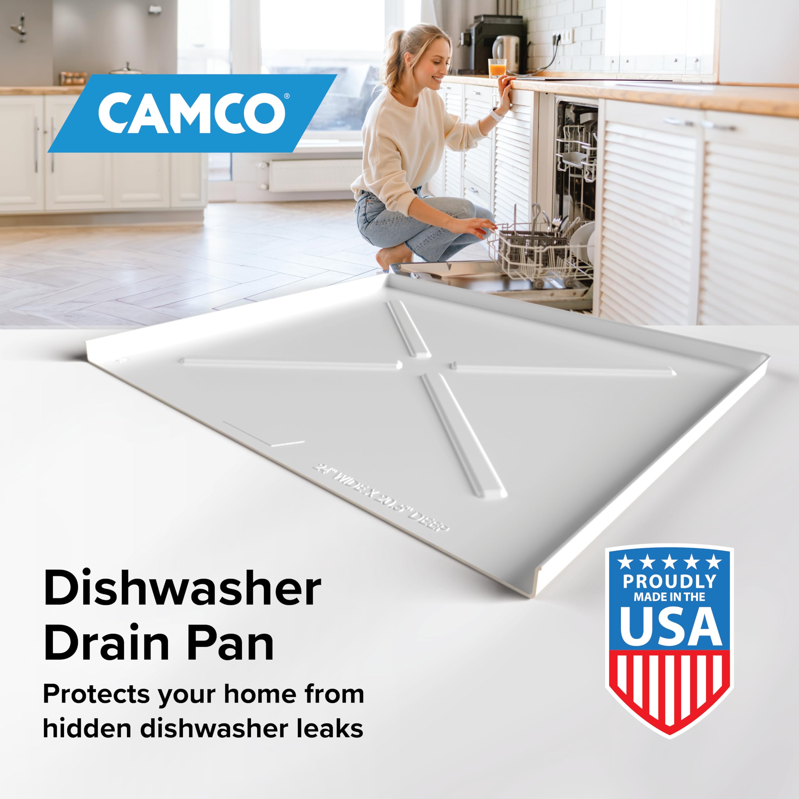 Camco Dishwasher Drain Pan - Protects Floors, Cabinets, Walls & Features Front Opening For Easy Leak Detection - Crafted Of Heav