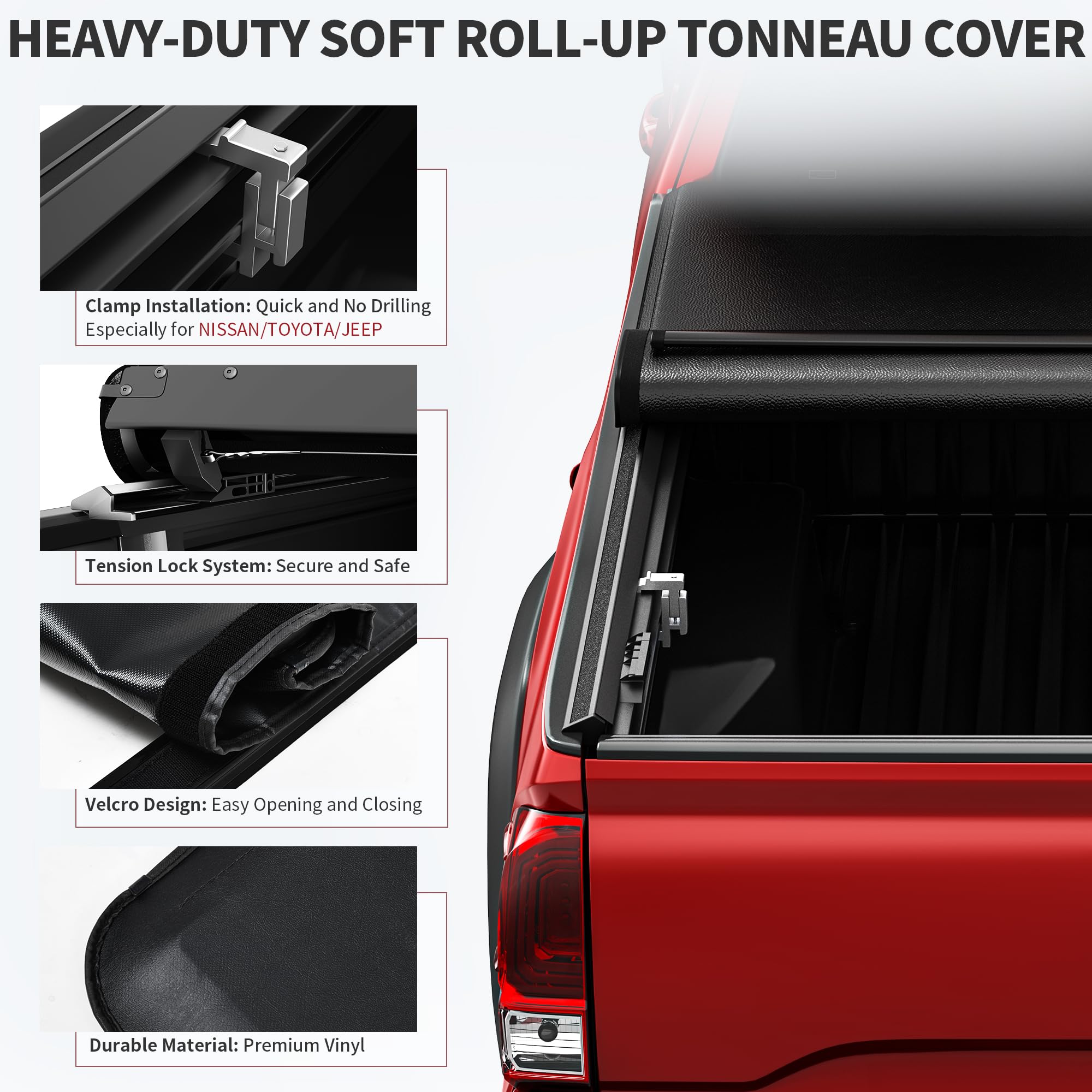 OEDRO Soft Roll Up Truck Bed Tonneau Cover Compatible with Toyota Tacoma 2024 2025 (Excl. Trail) 5 Ft Bed with Track Rail System