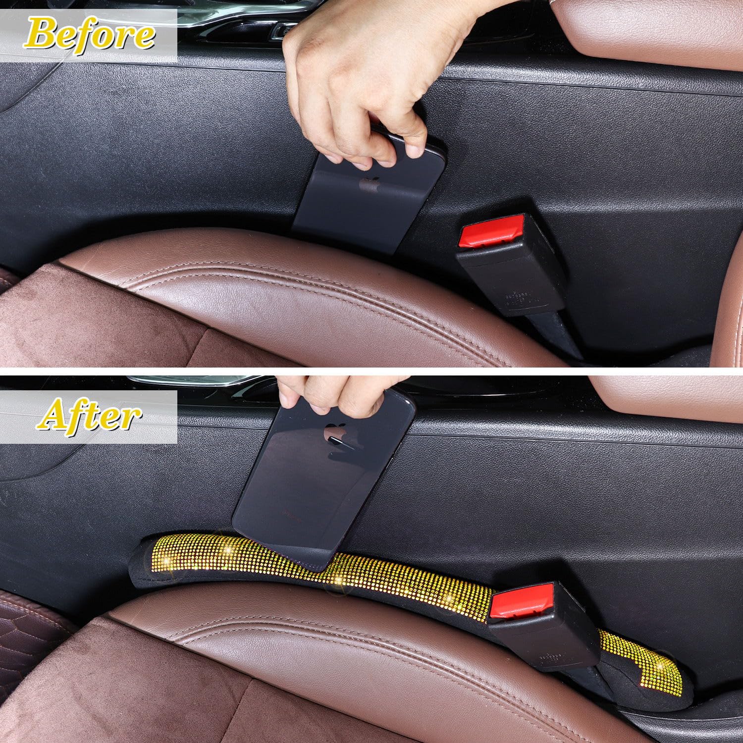 Tobequeen Yellow Car Gap Filler 2 Pack, Seat Gap Plug Universal Fit For Car Suv Truck, Handmade Crystal Diamond Rhinestone Yello