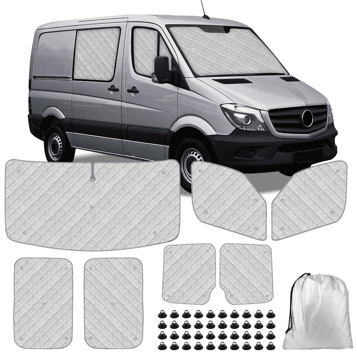 Federedevo Sprinter Sun Shade 7-Piece Set 2006-2019 | Full Cabin Thermal Insulation Kit for LWB Vans | UV Blocker + Privacy Cove