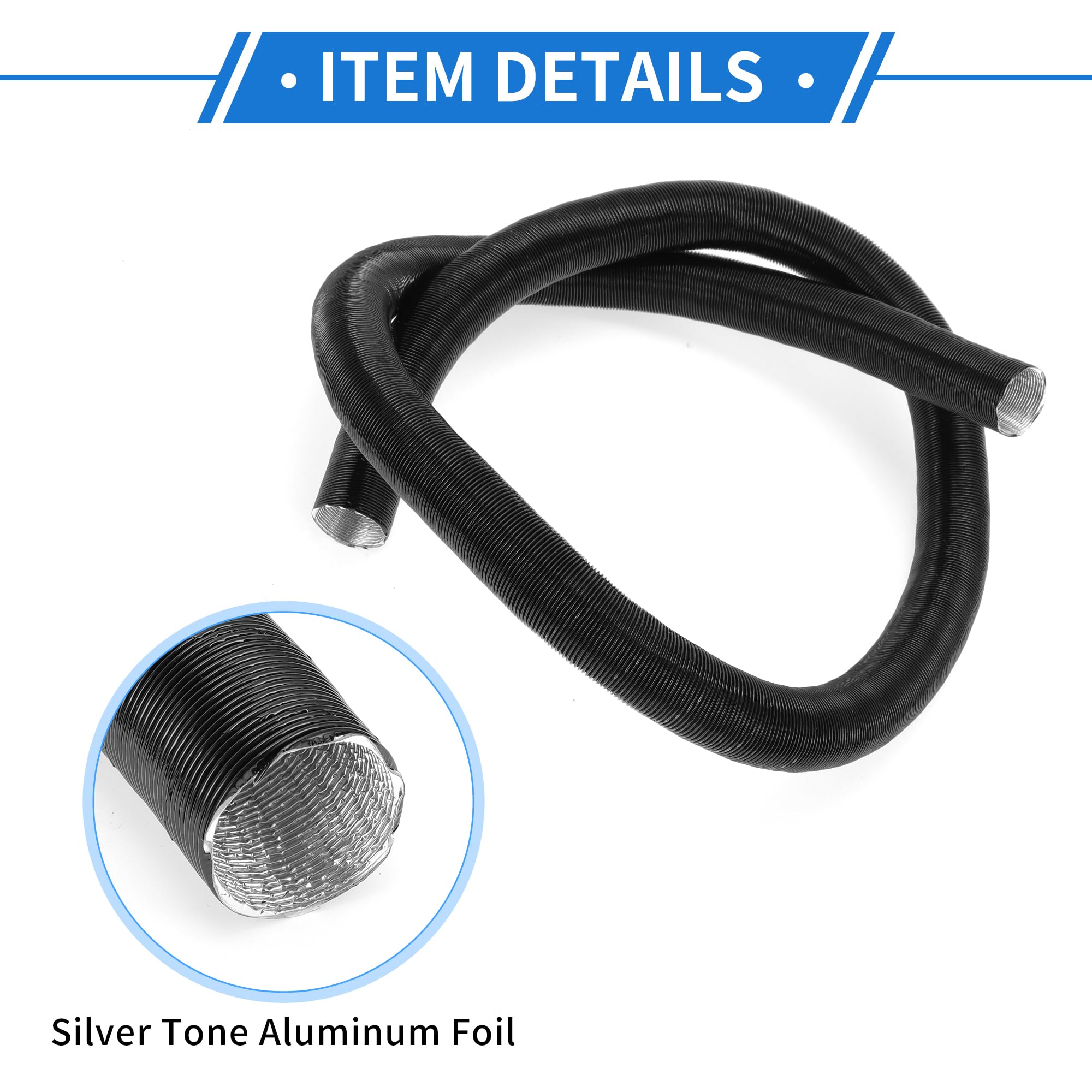 VekAuto 1 Pc Car Heater Duct Pipe 25mm ID 200cm Max l Warm Air Ducting Hose Car Truck RV Bus Van Boat Aluminum Foil Black