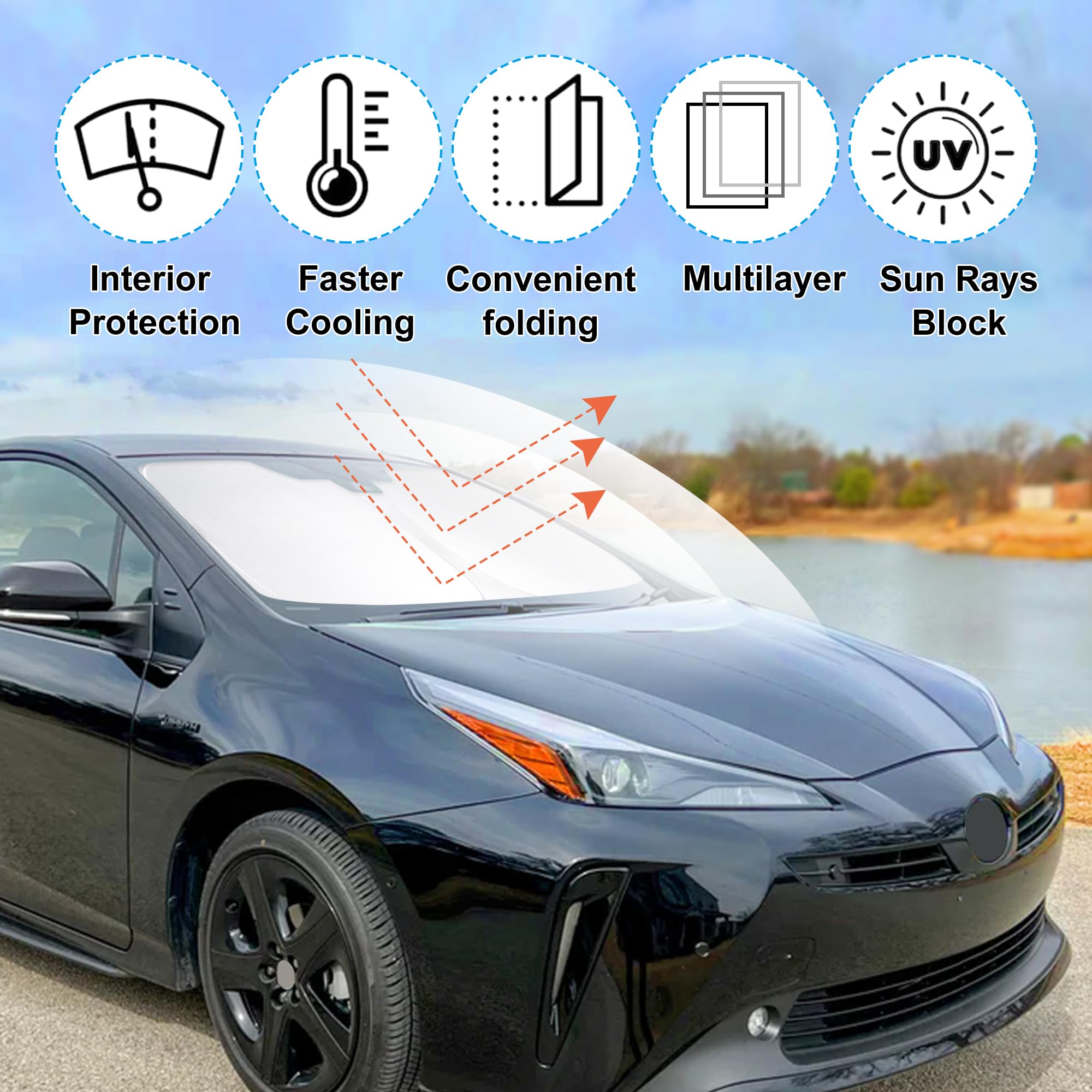Yycke Windshield Sun Shade Accessories Compatible With 2016-2022 Prius Hatchback (Not For Prius C Or Prius V) For Toyota Foldabl