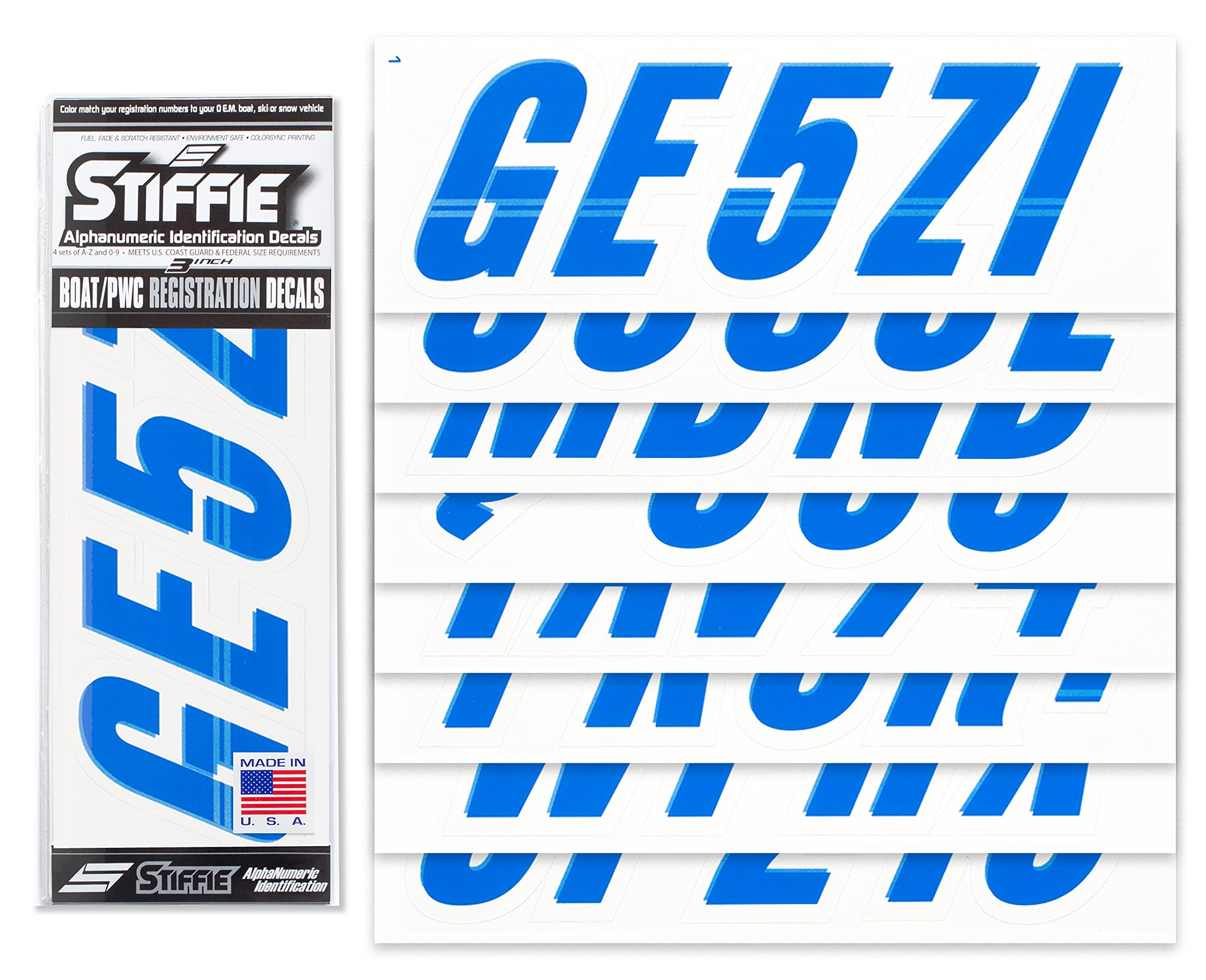 Stiffie Techtron Blue/White 3 '' Boat & Pwc Registration Decals  Numbers Letters Stickers