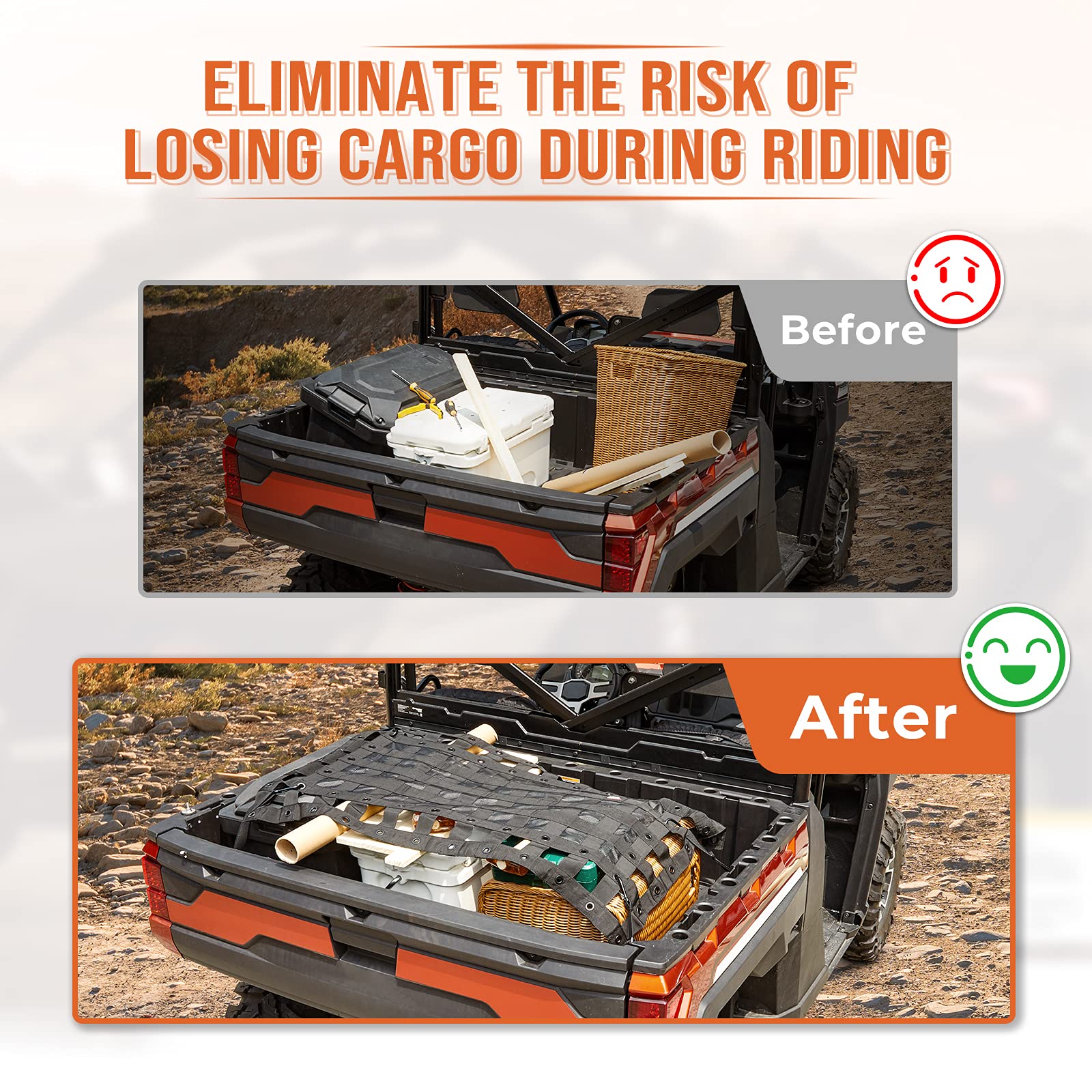 Kemimoto Heavy Duty UTV Cargo Net Stretchable UTV Roof Rack Bed Rail Cargo Bungee Netting with Straps Compatible with Polaris Ra