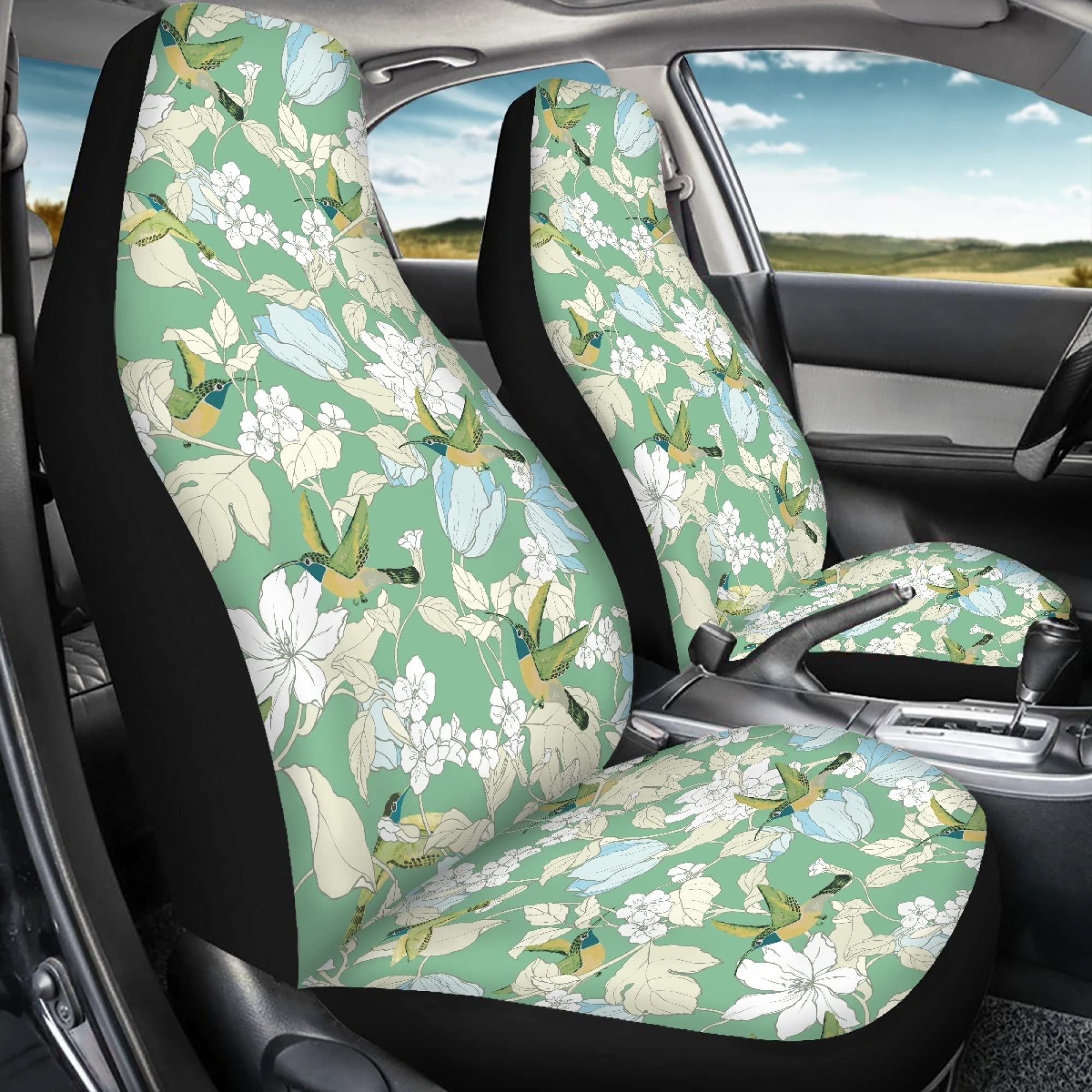 Toaddmos Auto Front Seat Cover, Floral With Hummingbird Print Universal Car Seat Cover Protector, Fit Most Vehicle Decorative Se