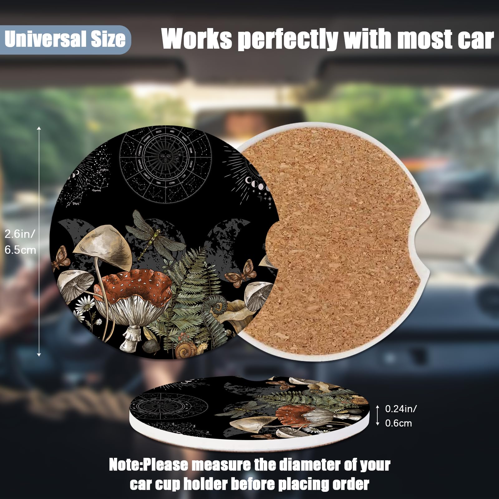Magic Forest Mushroom Car Cup Holder Coaster - Moon Phase Absorbent Ceramic Coaster, Car Coasters for Cup Holders, Auto Accessor
