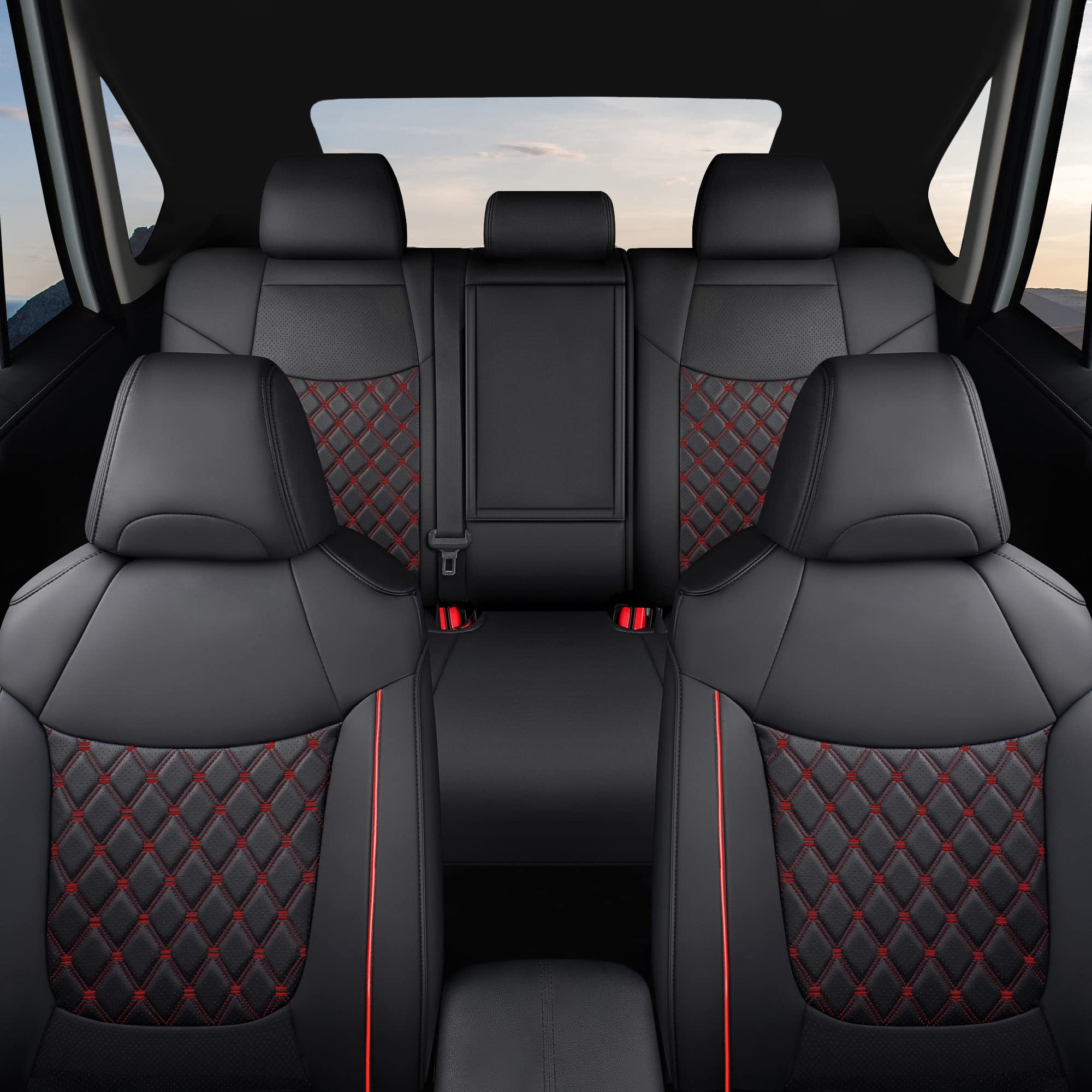 Giant Panda Pu Leather Car Seat Covers - Full Set Custom Fit For Toyota Rav4 (Le/Hybrid/Xle/Xle Premium/2019-2025) - Black+Red