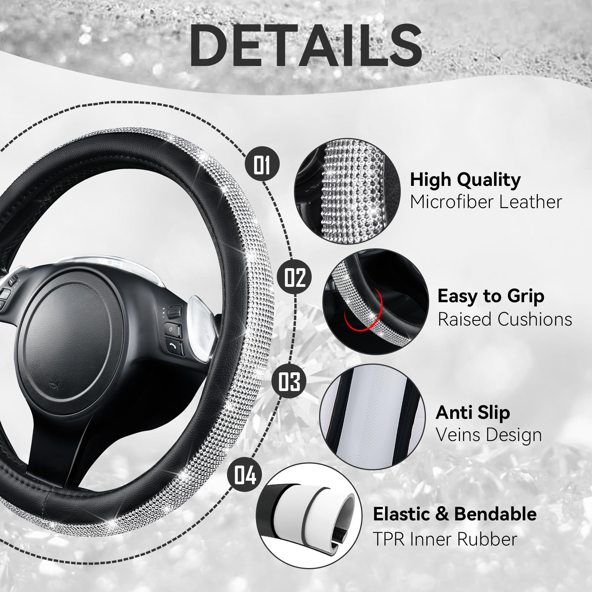 Car Pass Diamond Bling Leather Seat Covers Set - 12 Pcs Glitter Rhinestone Steering Wheel And Car Interior Accessory Set For Wom