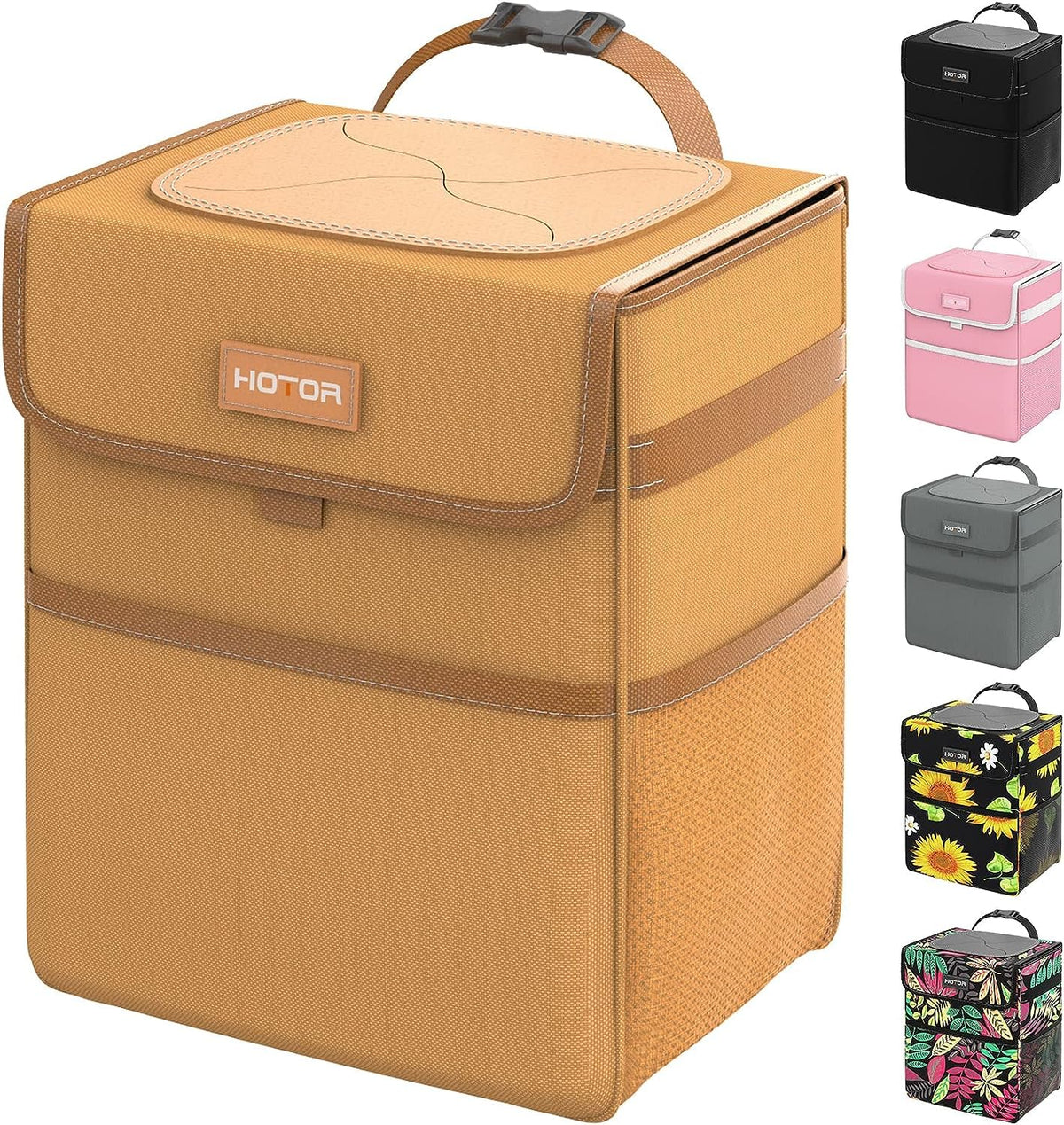 Hotor Car Trash Can With Lid, Brown Trash Bag Hanging With Storage Pockets, 100% Leak-Proof Garbage Can With Adjustable Straps,