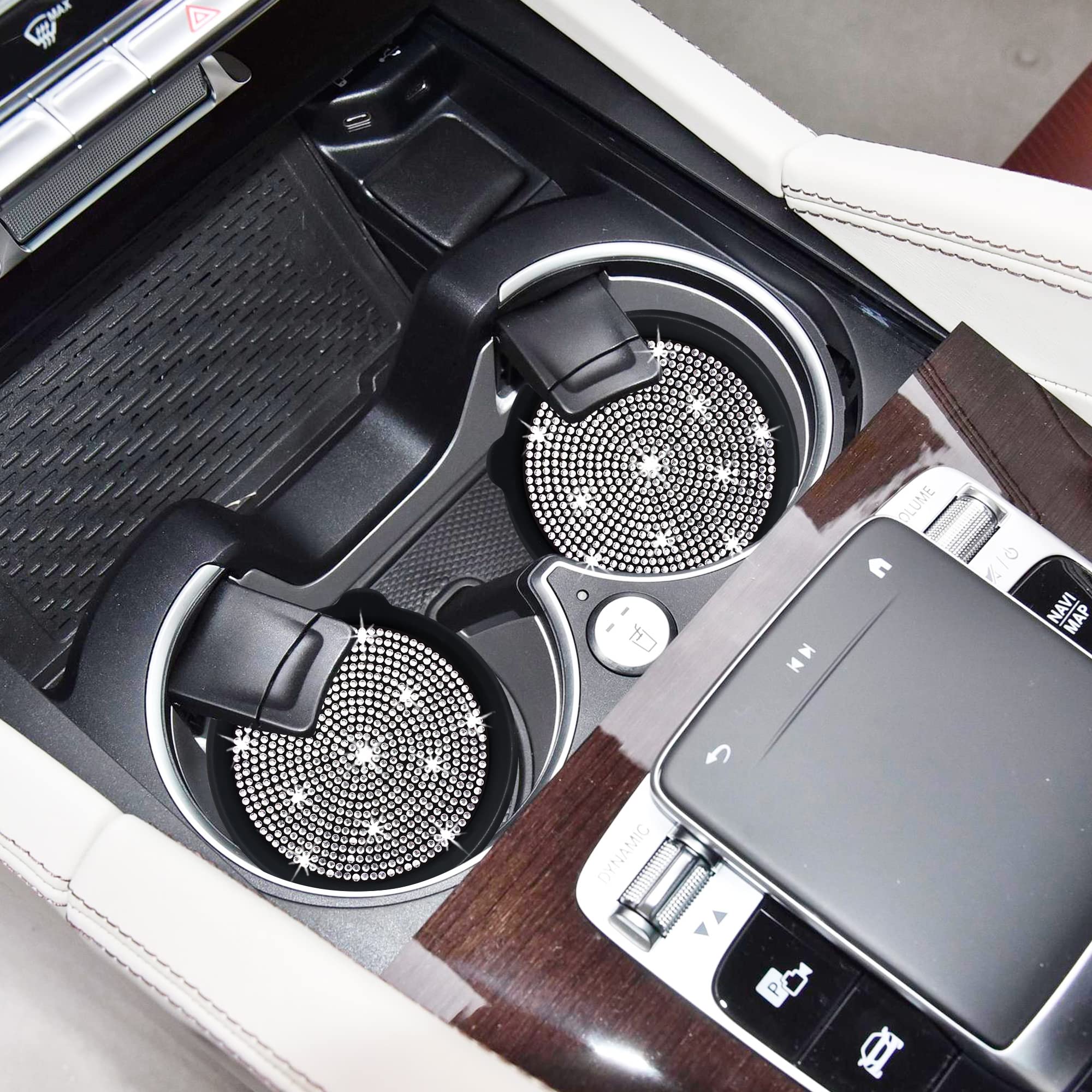 Amooca Car Cup Coaster Universal Non-Slip Cup Holders Bling Crystal Rhinestone Car Interior Accessories 2 Pack Black Whole Rhine