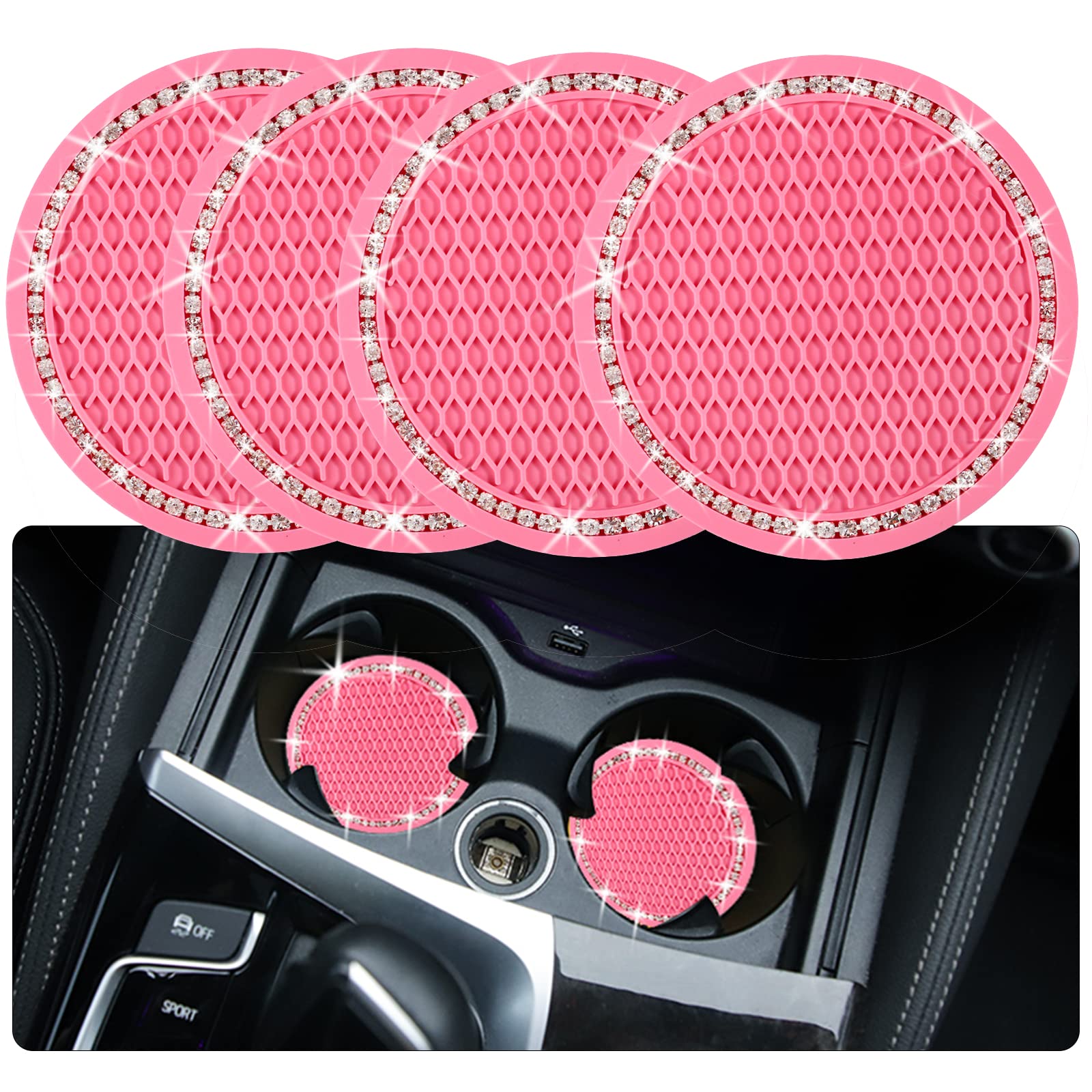 4Pcs Bling Car Cup Coaster, 2.75 Inch Auto Car Cup Holder Insert Coasters Silicone Anti-Slip Crystal Rhinestone Drink Car Cup Mat, Universal Vehicle Interior Accessories For Women Girls (Pink)