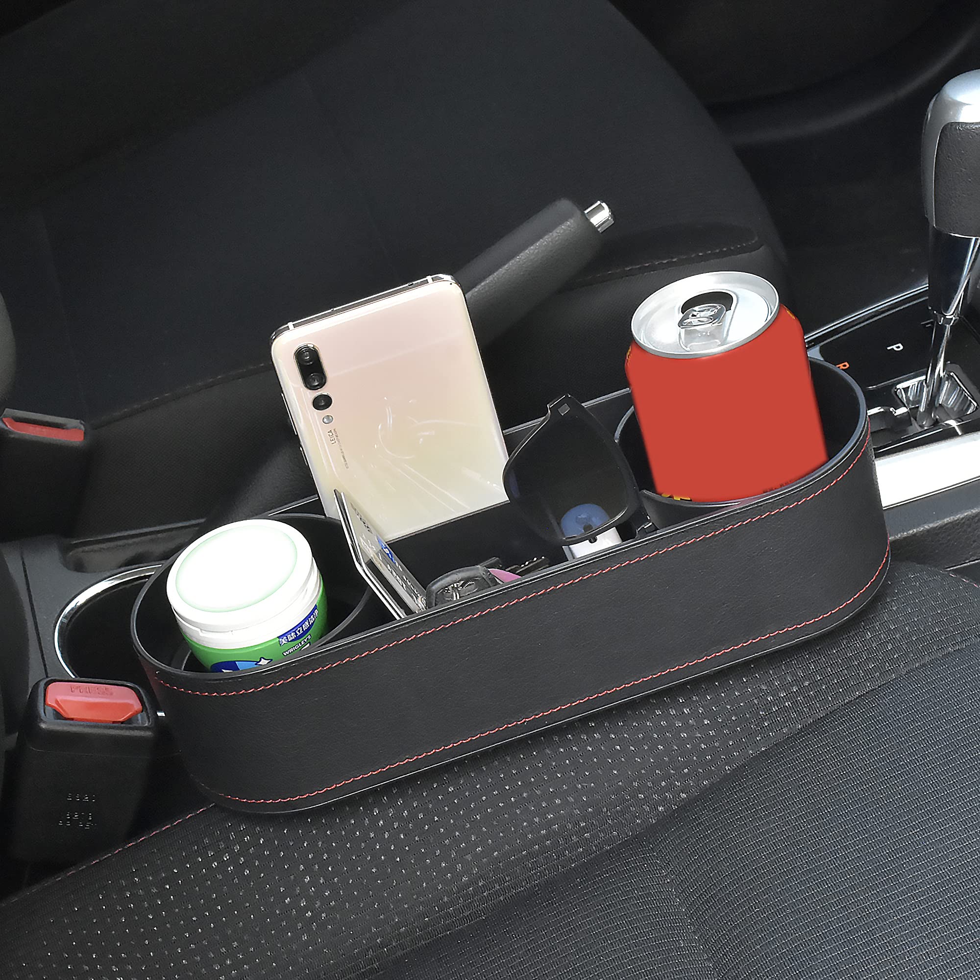 Universal Car Cup Holder & Console Organizer With Premium Leather Accent - Dual Cup Storage, Mobile Phone & Coin Pocket, Extra V