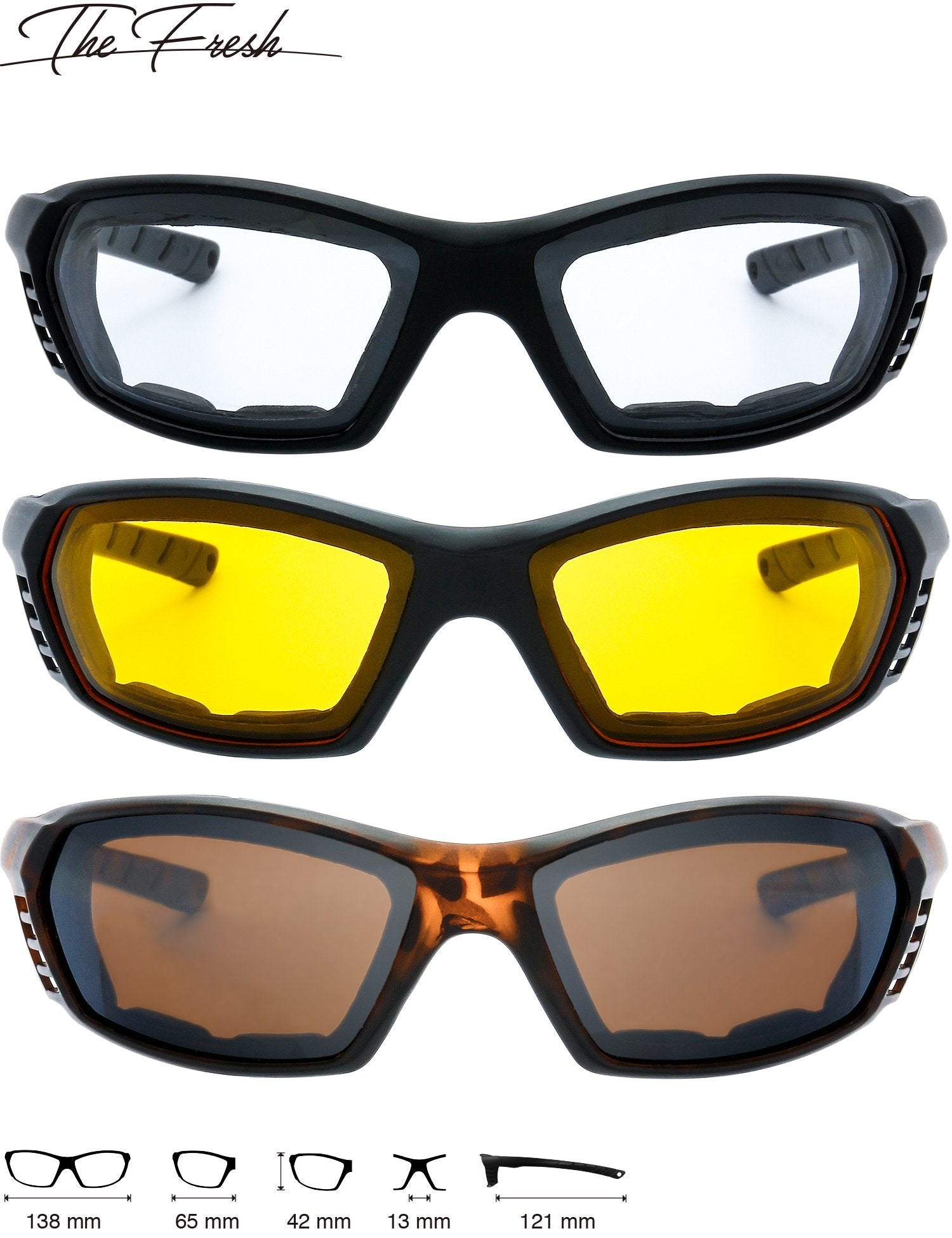 3 Pairs Motorcycle Riding Glasses Padded Frame Lens Block 100% Uvb/Uvb For Outdoor Activity Sport (6-Matte Black/Tortoise, Clear, Yellow, & Brown)