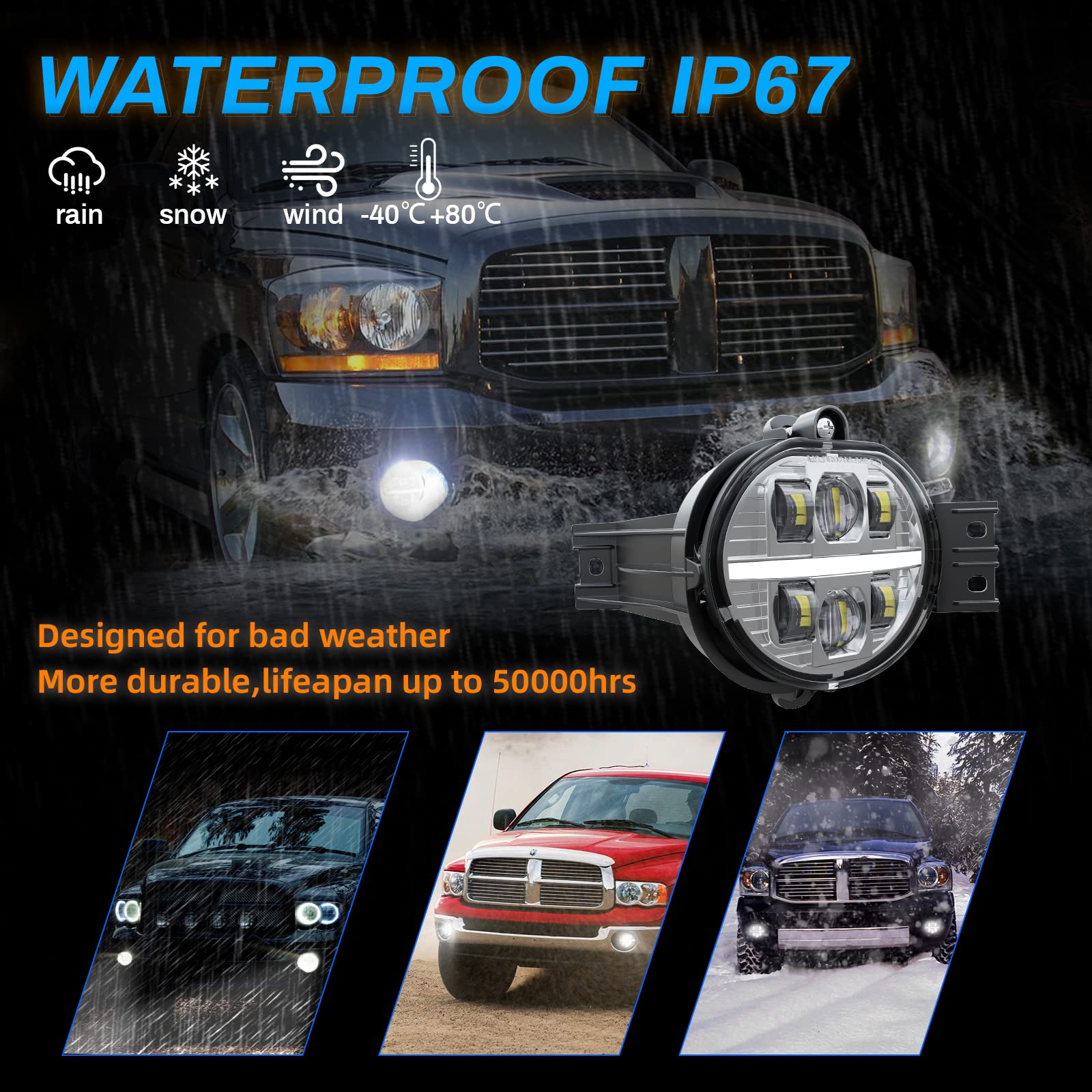 BICYACO LED Fog Light with DRL Compatible with Dodge Ram 1500 2002-2008 Dodge Ram 2500/3500 Pickup Truck 2003 2004 2005 2006 2007 2008 2009-1 Pair (Silver)