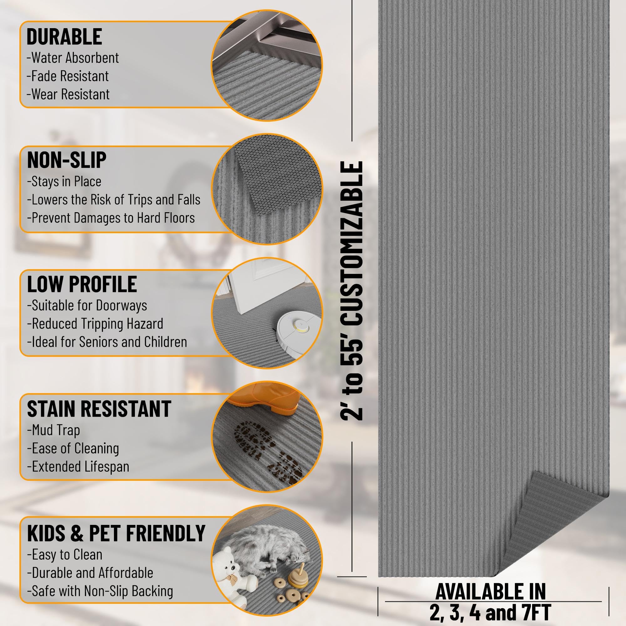 Ottomanson Scrabe Rib Collection Waterproof Non-Slip Rubberback Solid Design 3X5 Indoor/Outdoor Entryway Mat, 2'7'' X 5', Gray