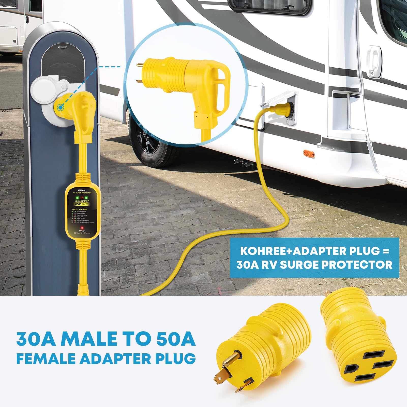 Kohree 50 Amp To 30 Amp Rv Adapter With Surge Protection, 8000 Joules With 30 Amp To 50 Amp Adapter Plug, Circuit Analyzer Surge